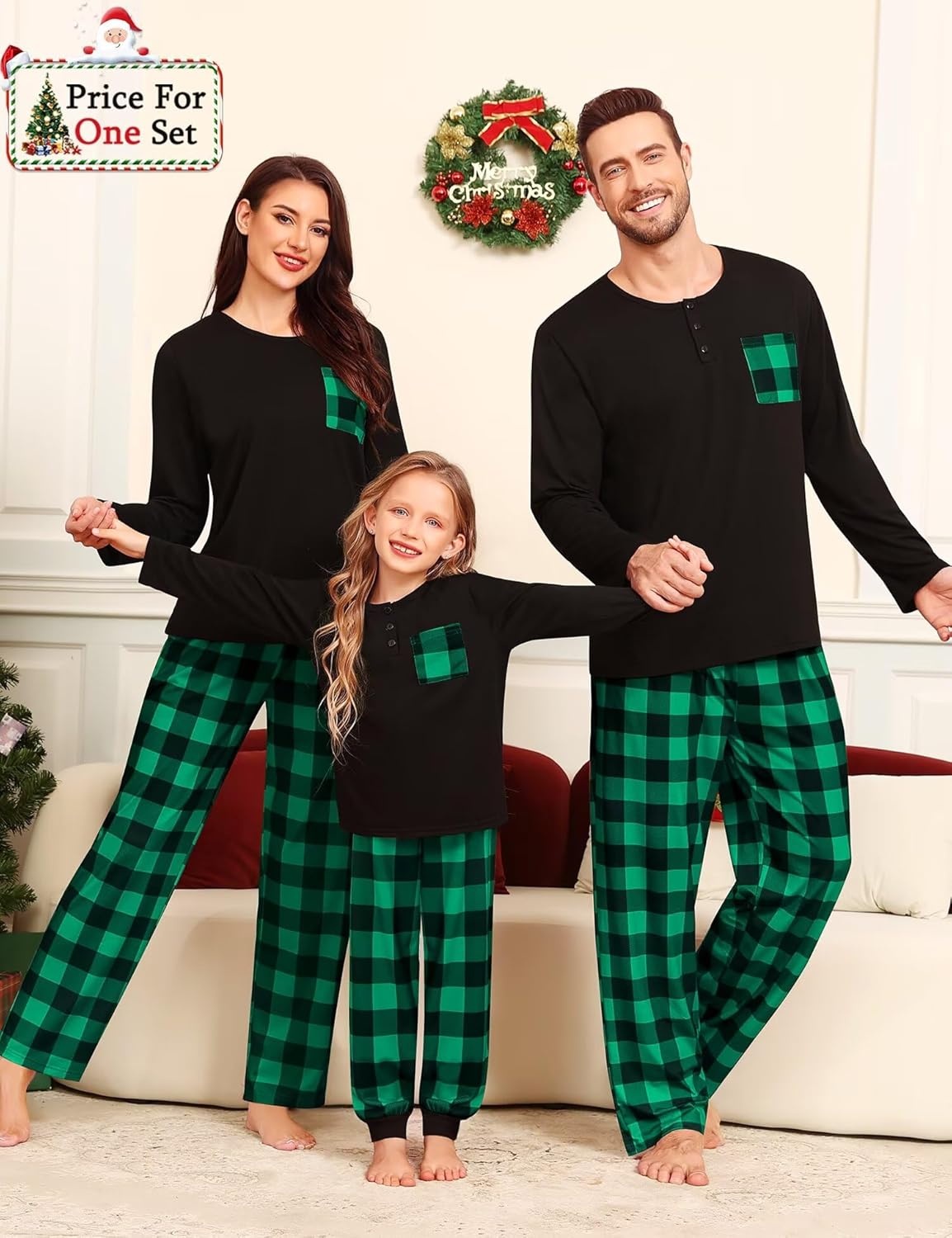 image:imageSWOMOG Family Christmas Matching Pajamas Set WomenMen Modal Pajama 2 PCS Long Sleeve Sleepwear Sets with Pockets Women Green Black Plaid XXLarge