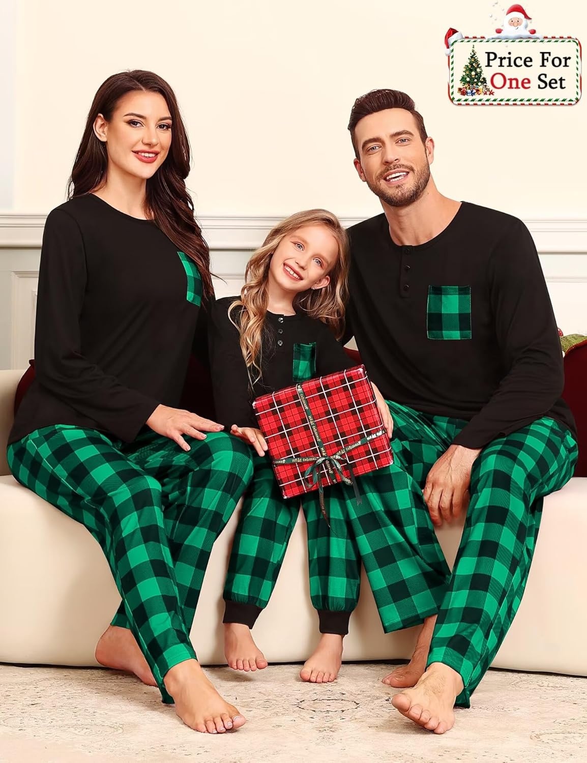 image:imageSWOMOG Family Christmas Matching Pajamas Set WomenMen Modal Pajama 2 PCS Long Sleeve Sleepwear Sets with Pockets Women Green Black Plaid XXLarge