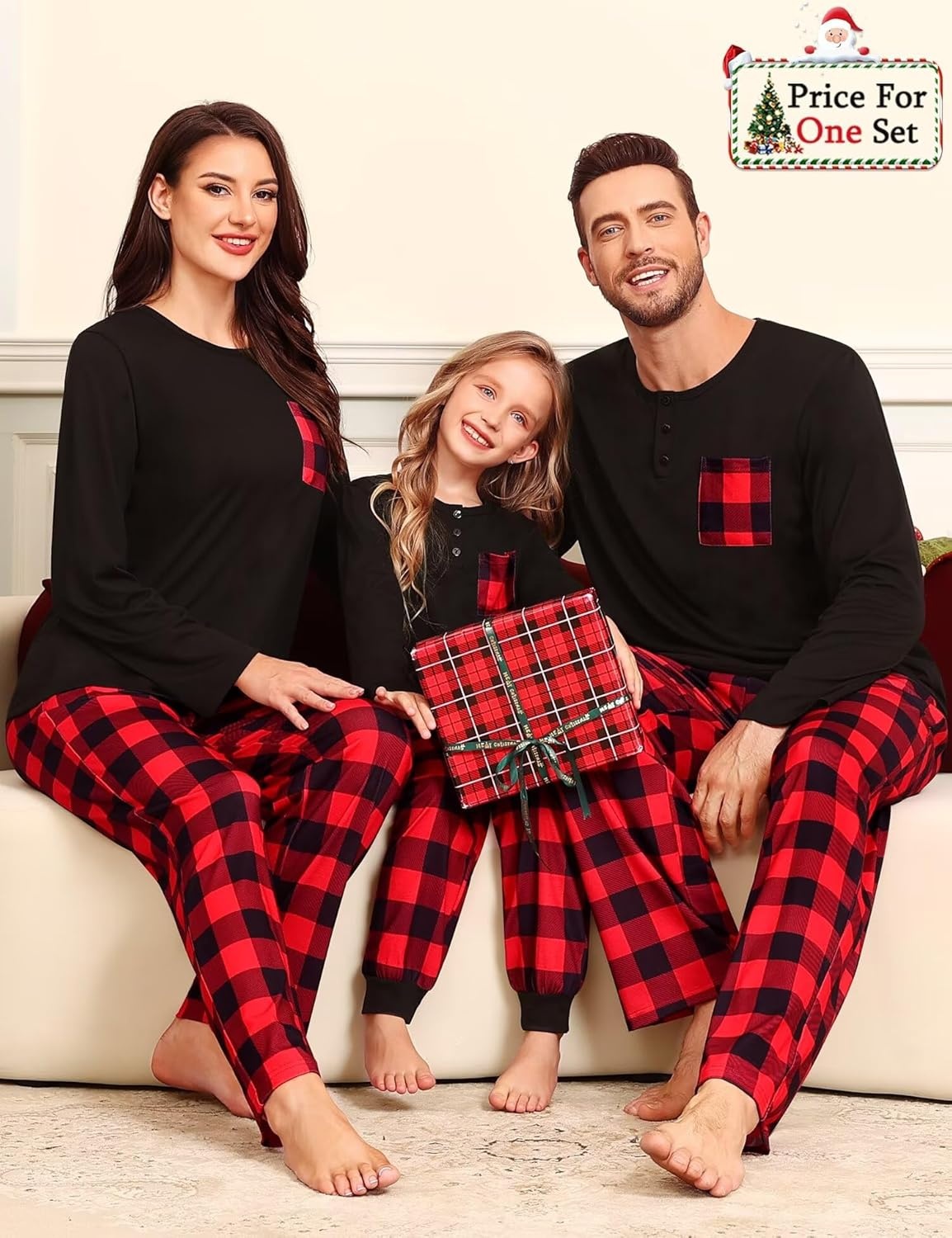 image:imageSWOMOG Family Christmas Matching Pajamas Set WomenMen Modal Pajama 2 PCS Long Sleeve Sleepwear Sets with Pockets Women Red Black Plaid Small