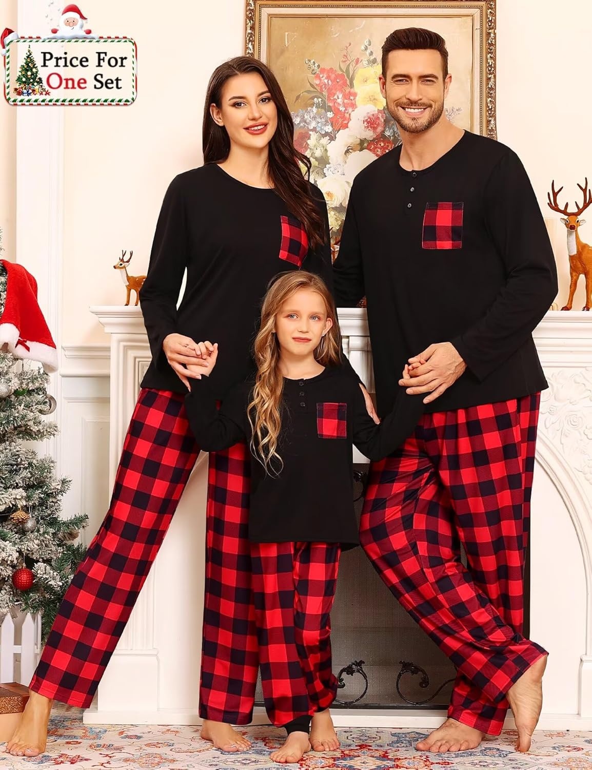 image:imageSWOMOG Family Christmas Matching Pajamas Set WomenMen Modal Pajama 2 PCS Long Sleeve Sleepwear Sets with Pockets Women Red Black Plaid Small