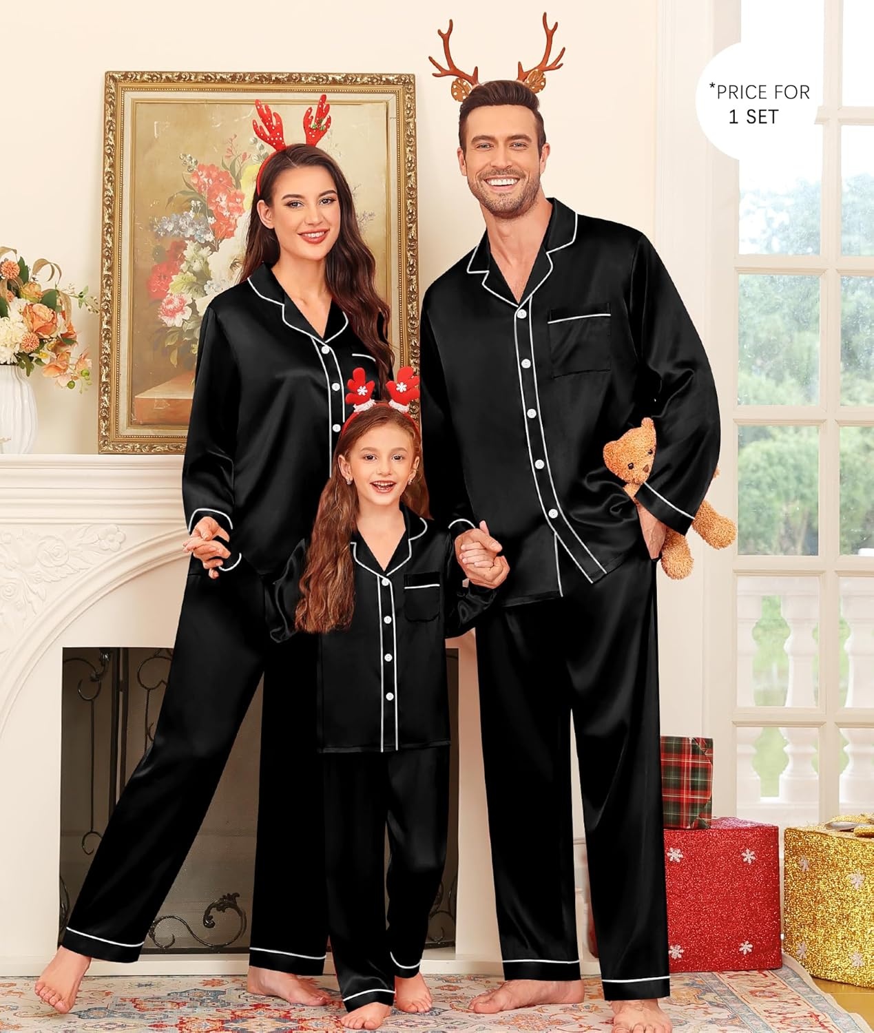 image:imageSWOMOG Family Matching Pajama Set WomenMenKids Satin Pajamas Long Sleeve Sleepwear Button Down Loungewear 2 Pcs Pj SetBlack