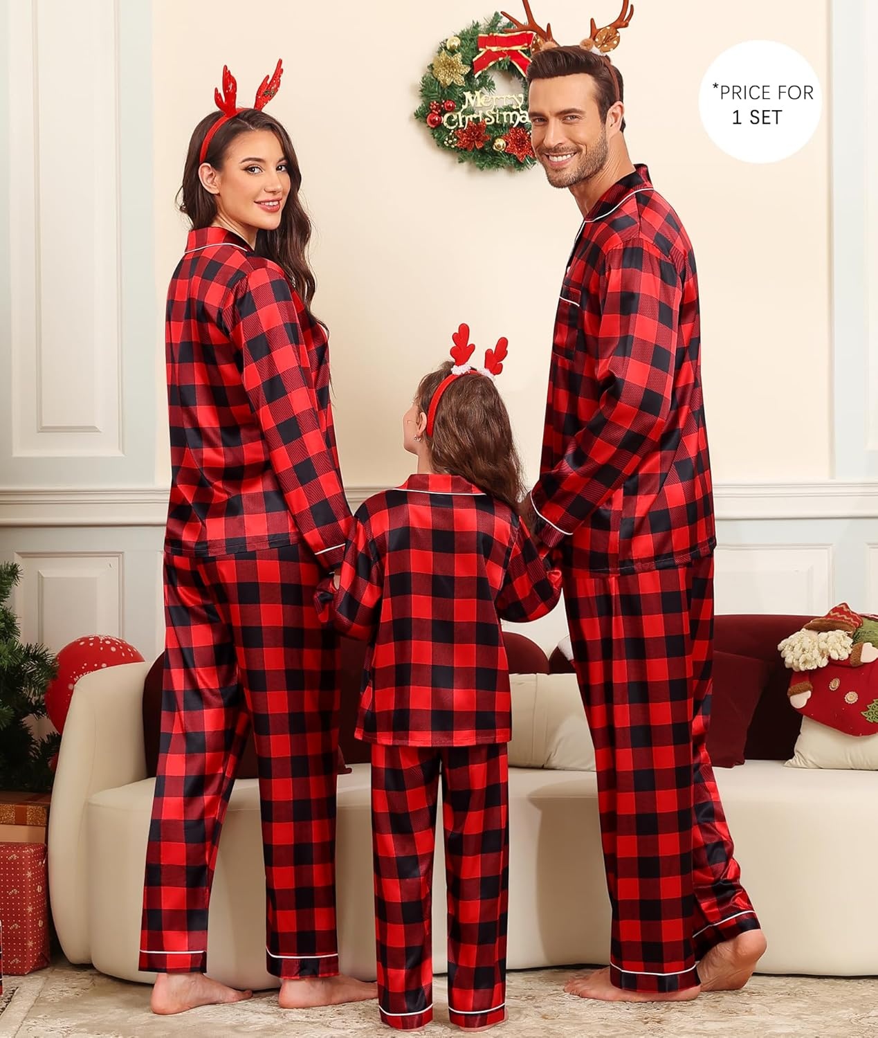image:imageSWOMOG Family Matching Pajama Set WomenMenKids Satin Pajamas Long Sleeve Sleepwear Button Down Loungewear 2 Pcs Pj SetBlack and Red Plaid