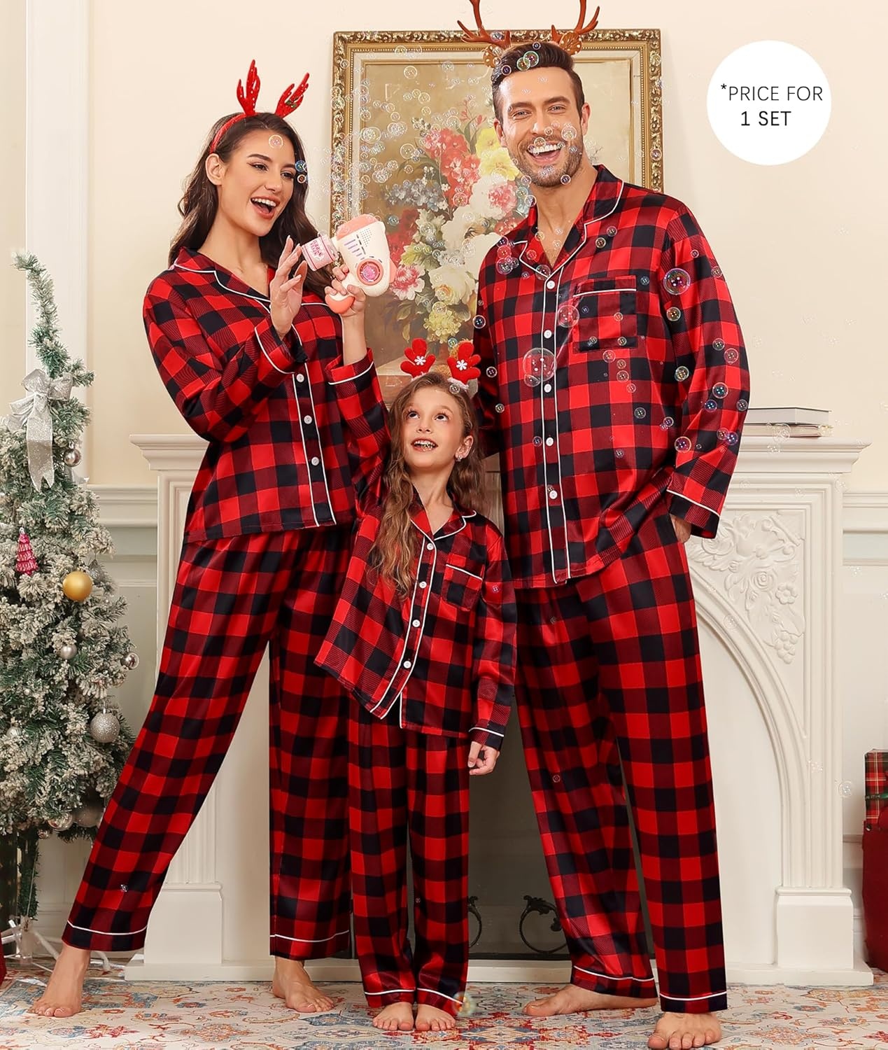 image:imageSWOMOG Family Matching Pajama Set WomenMenKids Satin Pajamas Long Sleeve Sleepwear Button Down Loungewear 2 Pcs Pj SetBlack and Red Plaid