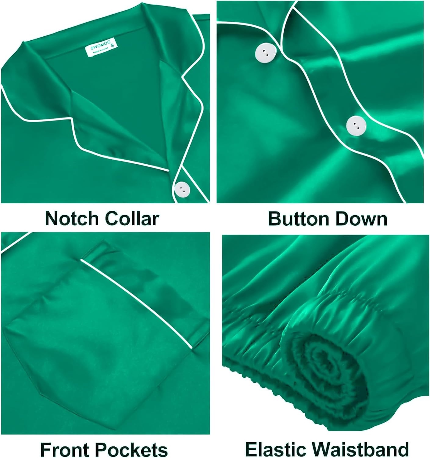 image:imageSWOMOG Family Matching Pajama Set WomenMenKids Satin Pajamas Long Sleeve Sleepwear Button Down Loungewear 2 Pcs Pj SetEmerald Green