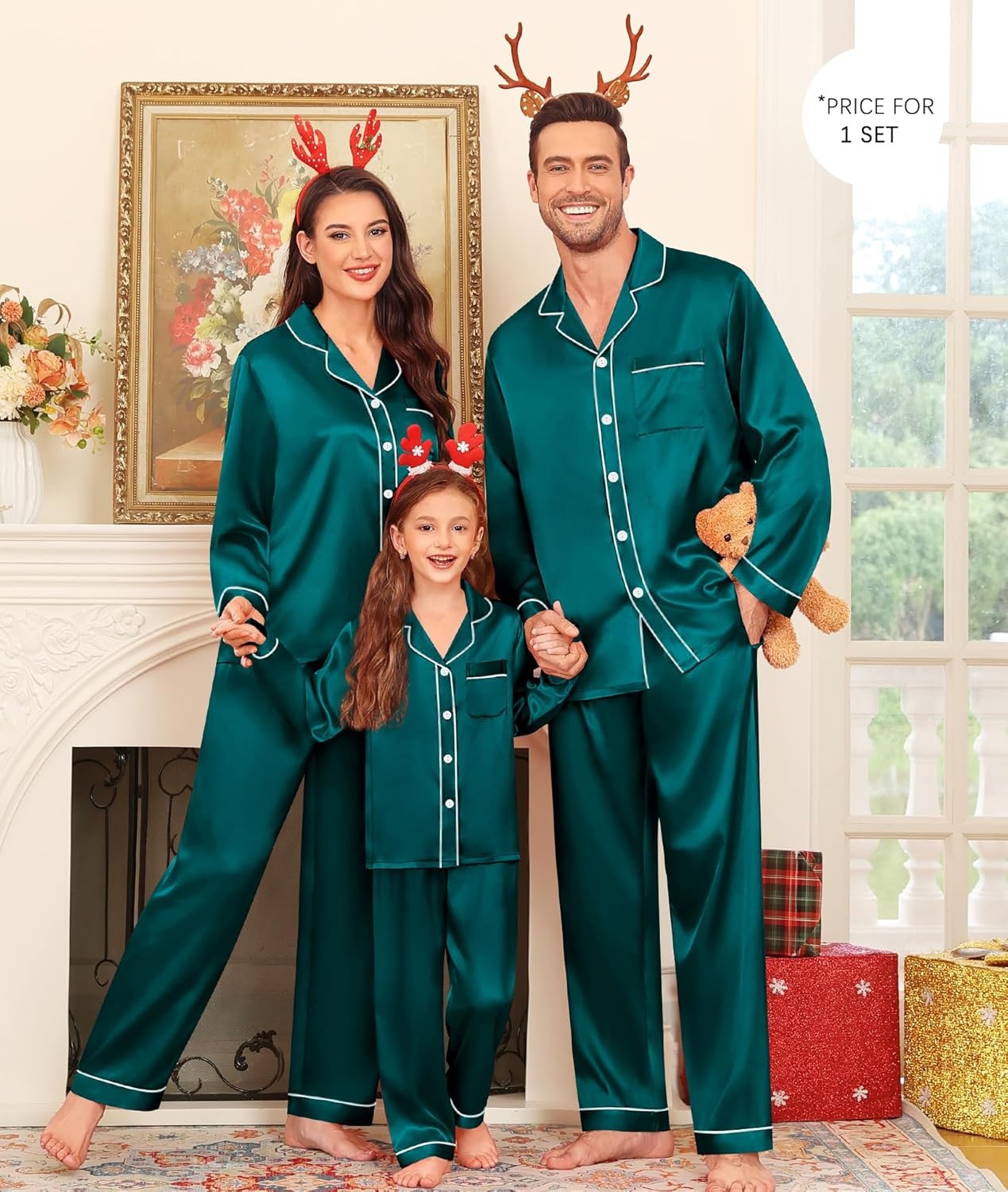 image:imageSWOMOG Family Matching Pajama Set WomenMenKids Satin Pajamas Long Sleeve Sleepwear Button Down Loungewear 2 Pcs Pj SetGreen