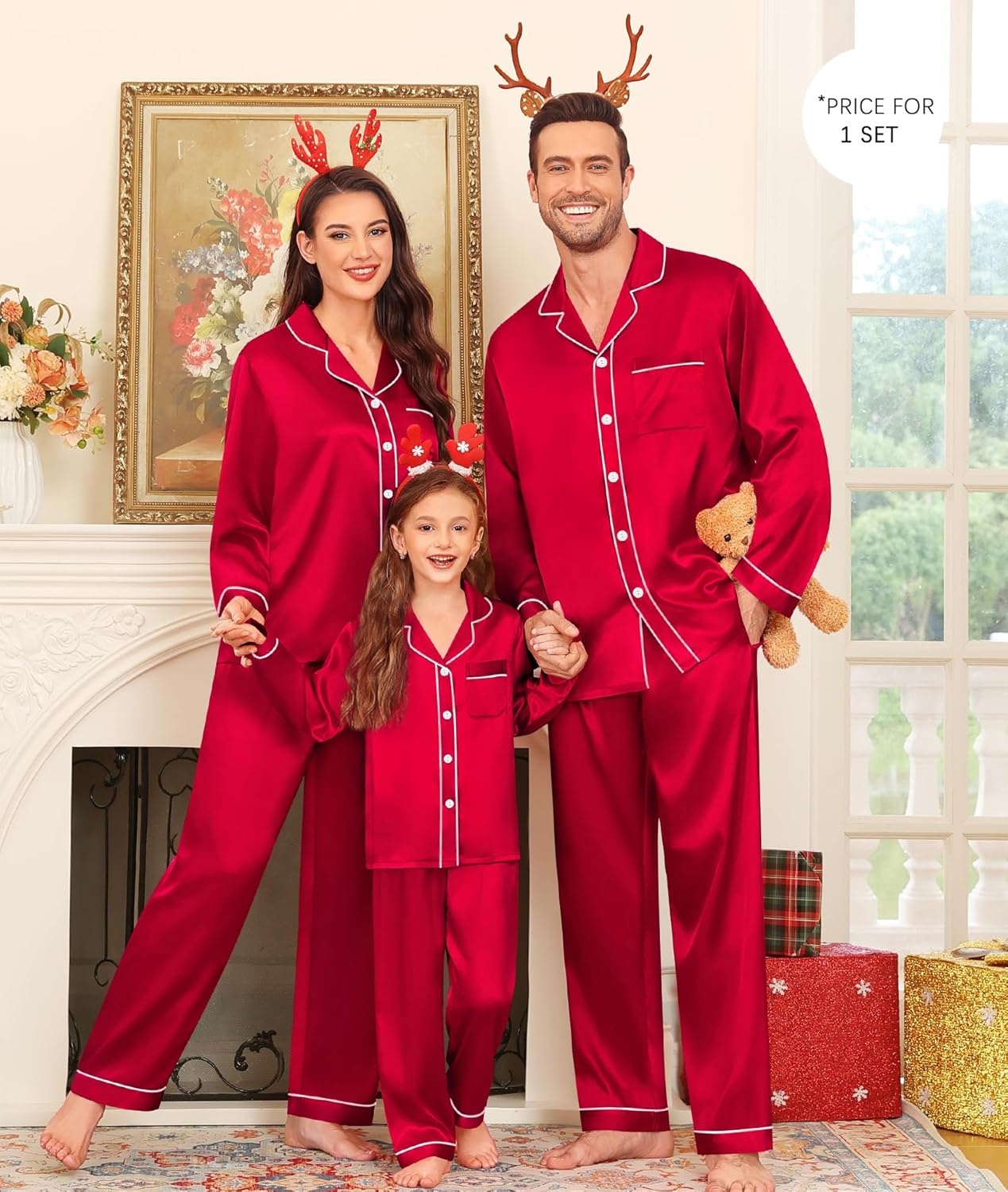 image:imageSWOMOG Family Matching Pajama Set WomenMenKids Satin Pajamas Long Sleeve Sleepwear Button Down Loungewear 2 Pcs Pj SetRed
