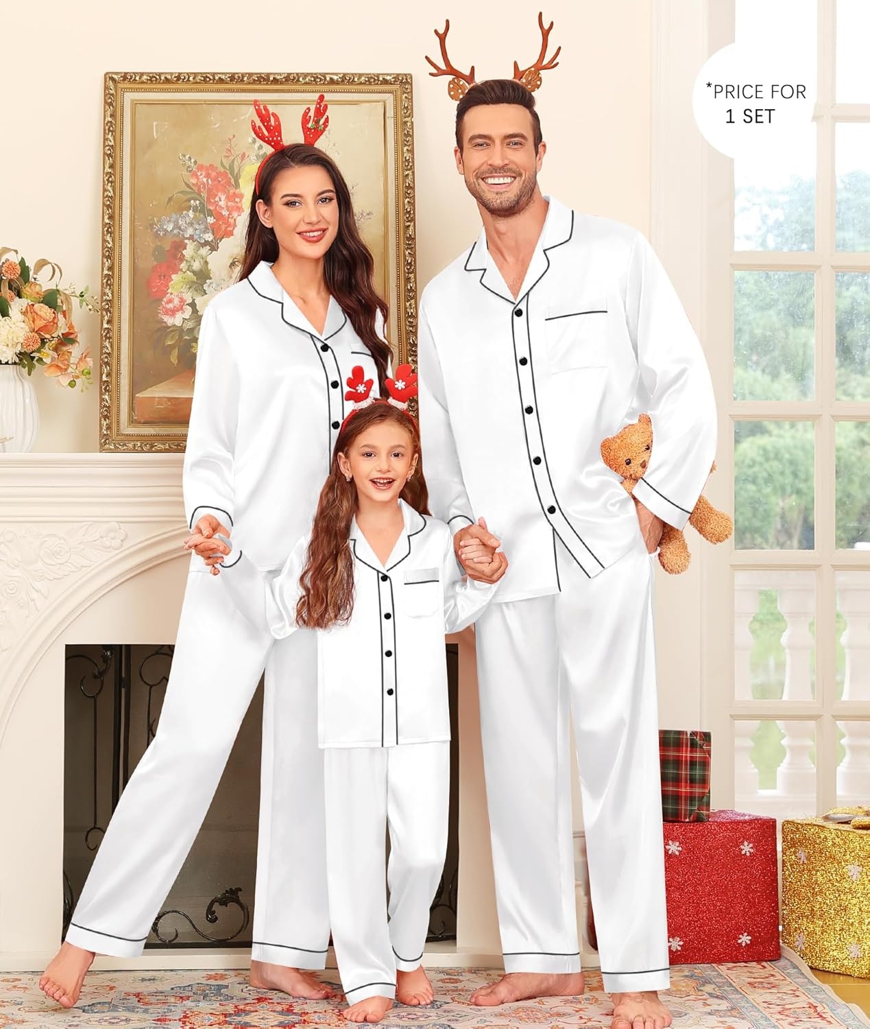 image:imageSWOMOG Family Matching Pajama Set WomenMenKids Satin Pajamas Long Sleeve Sleepwear Button Down Loungewear 2 Pcs Pj SetWhite