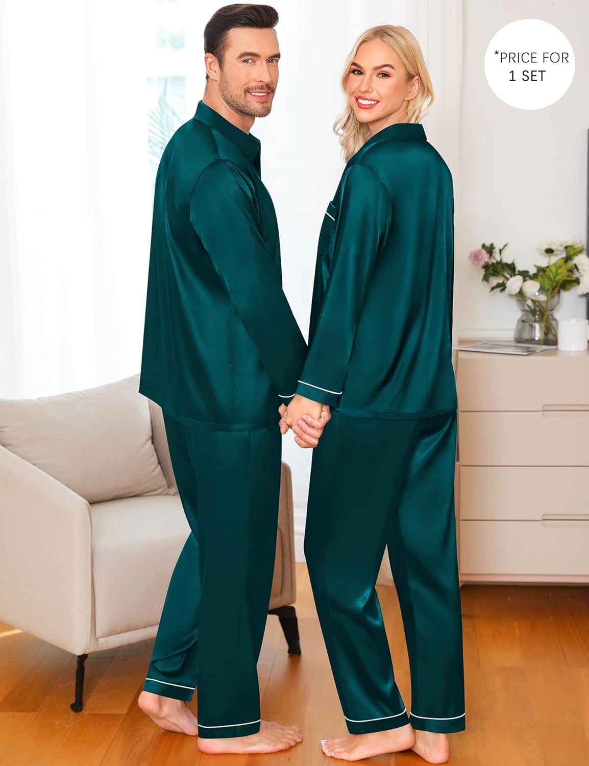 image:imageSWOMOG Family Matching Pajama Set WomenMenKids Satin Pajamas Long Sleeve Sleepwear Button Down Loungewear 2 Pcs Pj SetZ Deep Green With Classic Collar