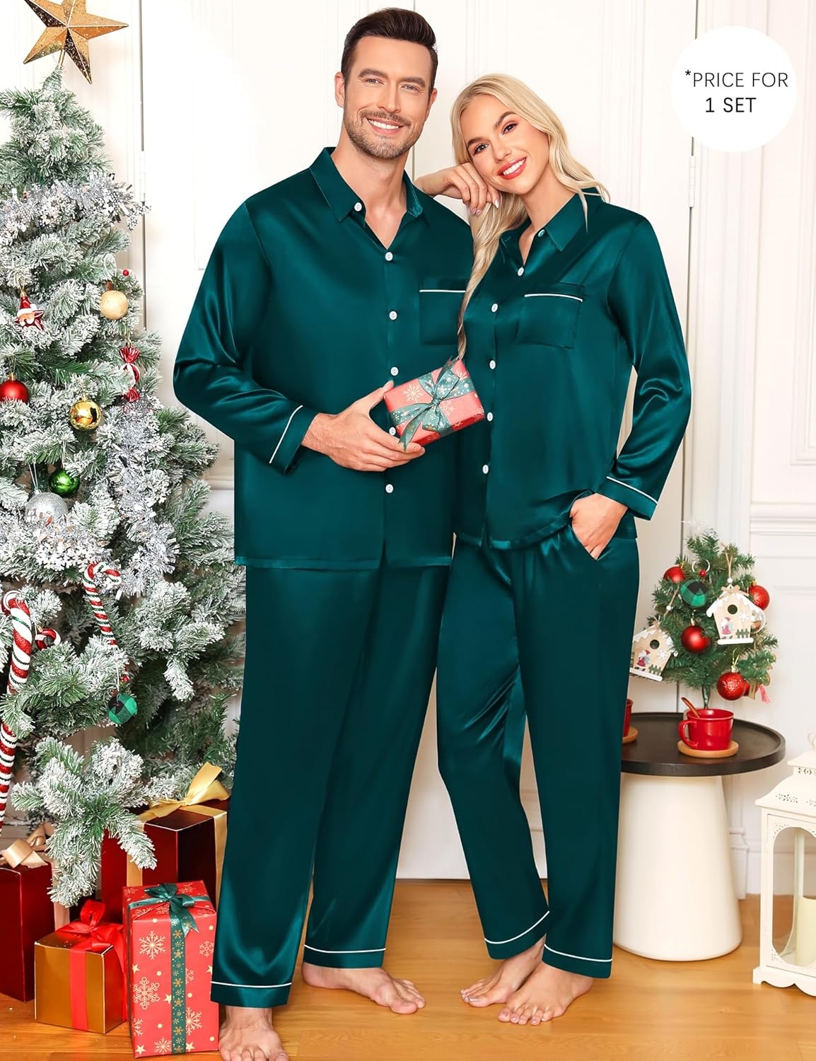 image:imageSWOMOG Family Matching Pajama Set WomenMenKids Satin Pajamas Long Sleeve Sleepwear Button Down Loungewear 2 Pcs Pj SetZ Deep Green With Classic Collar