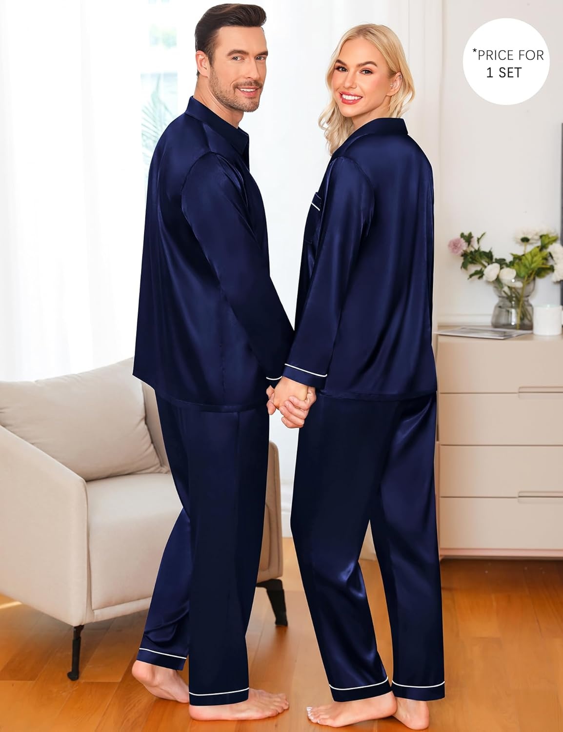 image:imageSWOMOG Family Matching Pajama Set WomenMenKids Satin Pajamas Long Sleeve Sleepwear Button Down Loungewear 2 Pcs Pj SetZ Deep Navy Blue With Classic Collar