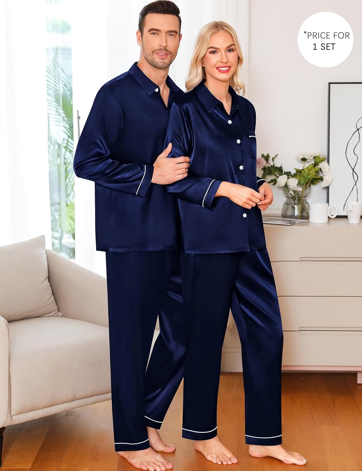 image:imageSWOMOG Family Matching Pajama Set WomenMenKids Satin Pajamas Long Sleeve Sleepwear Button Down Loungewear 2 Pcs Pj SetZ Deep Navy Blue With Classic Collar