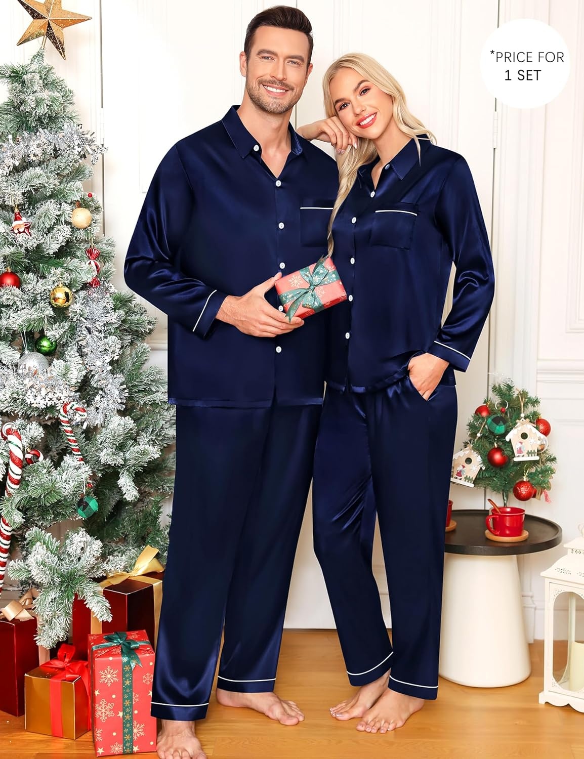 image:imageSWOMOG Family Matching Pajama Set WomenMenKids Satin Pajamas Long Sleeve Sleepwear Button Down Loungewear 2 Pcs Pj SetZ Deep Navy Blue With Classic Collar