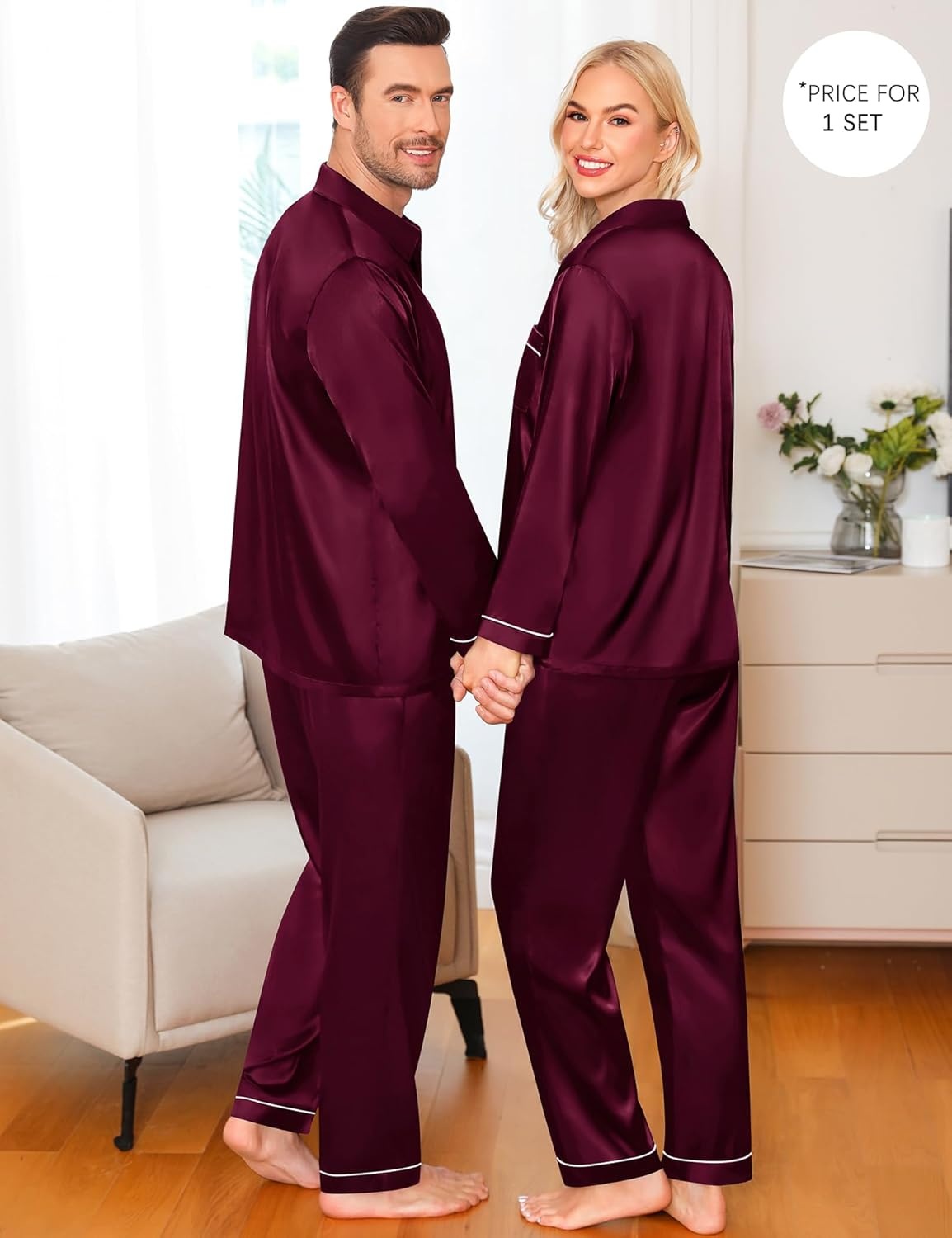 image:imageSWOMOG Family Matching Pajama Set WomenMenKids Satin Pajamas Long Sleeve Sleepwear Button Down Loungewear 2 Pcs Pj SetZ Deep Wine Red With Classic Collar
