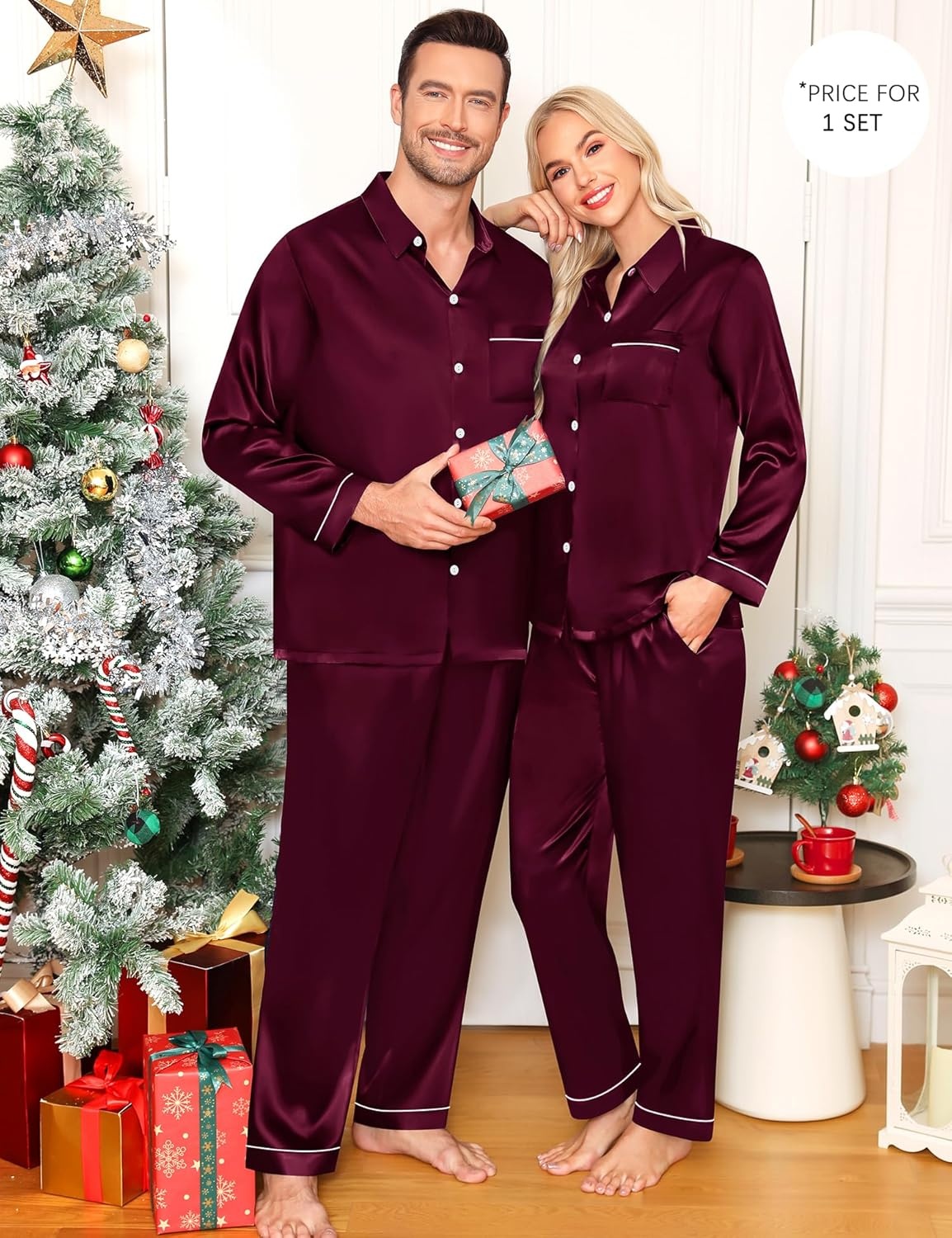 image:imageSWOMOG Family Matching Pajama Set WomenMenKids Satin Pajamas Long Sleeve Sleepwear Button Down Loungewear 2 Pcs Pj SetZ Deep Wine Red With Classic Collar