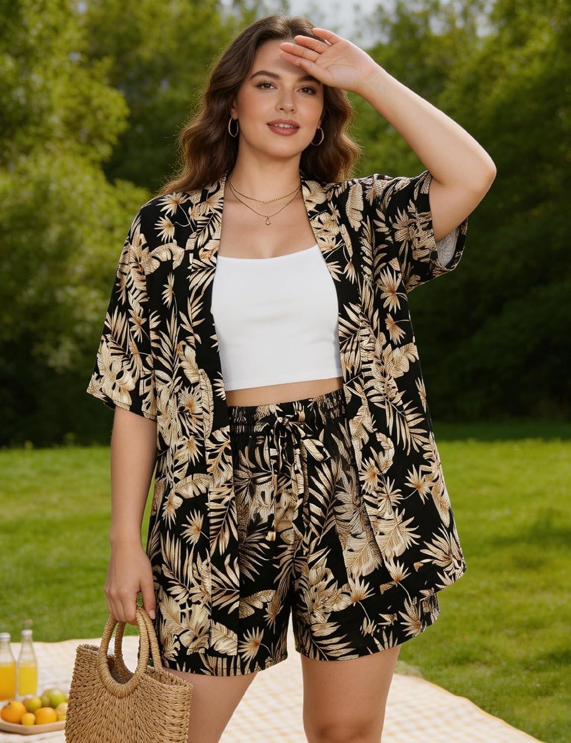 image:imageSWOMOG Hawaiian Tropical Print Womens 2 Piece Swimsuit Cover Up Set Loose Short Sleeve Top amp Shorts for Summer Beach SXXLBlack Flower
