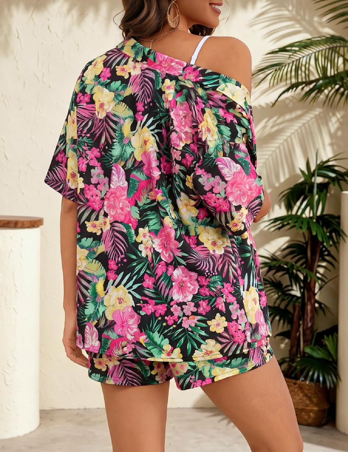 image:imageSWOMOG Hawaiian Tropical Print Womens 2 Piece Swimsuit Cover Up Set Loose Short Sleeve Top amp Shorts for Summer Beach SXXLBlack Pink Tropic