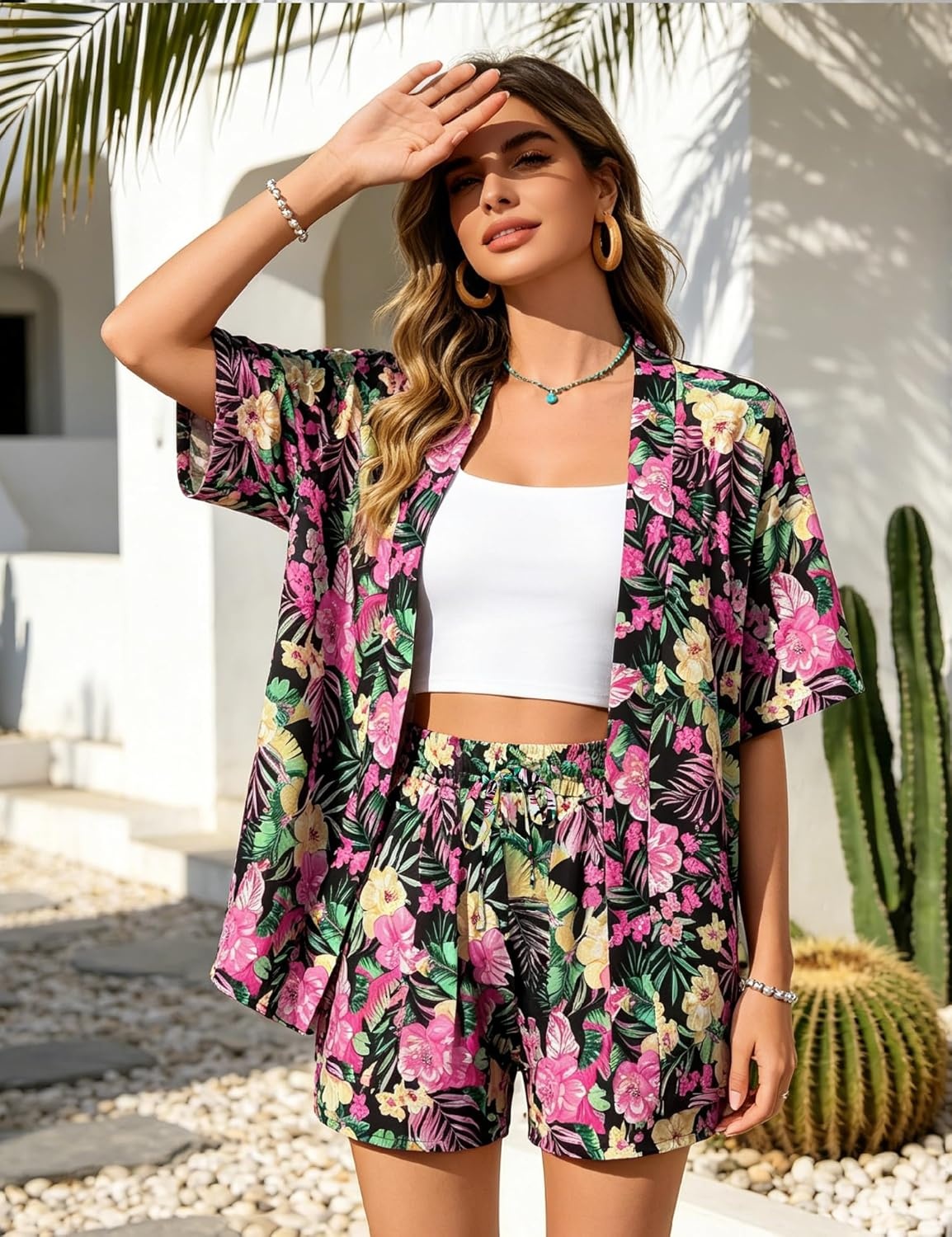 image:imageSWOMOG Hawaiian Tropical Print Womens 2 Piece Swimsuit Cover Up Set Loose Short Sleeve Top amp Shorts for Summer Beach SXXLBlack Pink Tropic