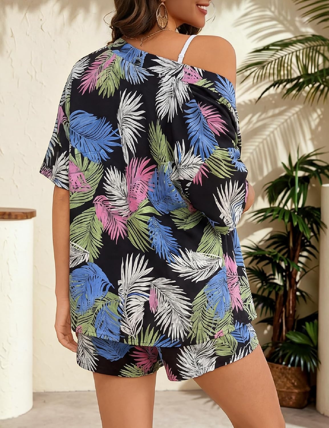 image:imageSWOMOG Hawaiian Tropical Print Womens 2 Piece Swimsuit Cover Up Set Loose Short Sleeve Top amp Shorts for Summer Beach SXXLBlack Red Flower