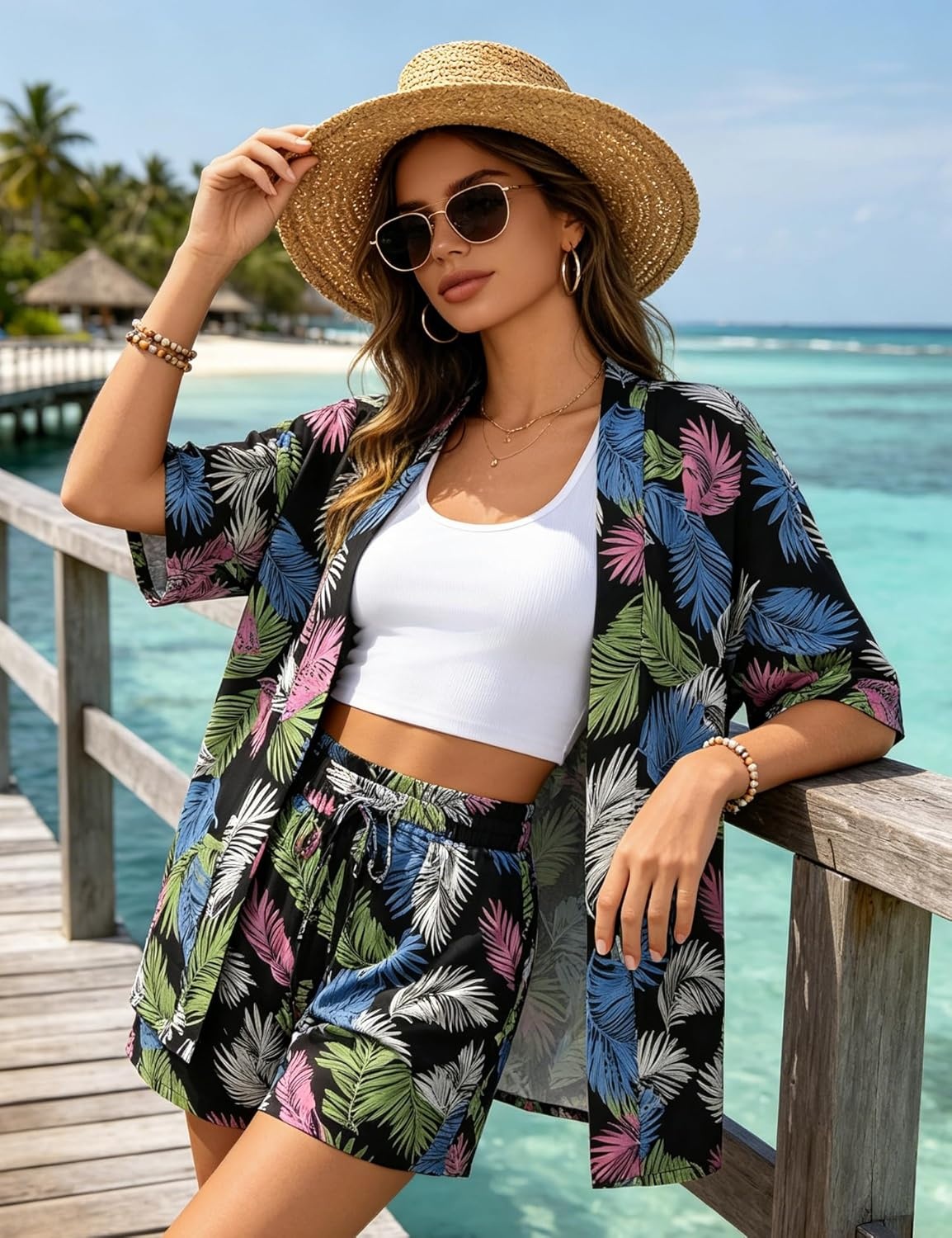 image:imageSWOMOG Hawaiian Tropical Print Womens 2 Piece Swimsuit Cover Up Set Loose Short Sleeve Top amp Shorts for Summer Beach SXXLBlack Red Flower