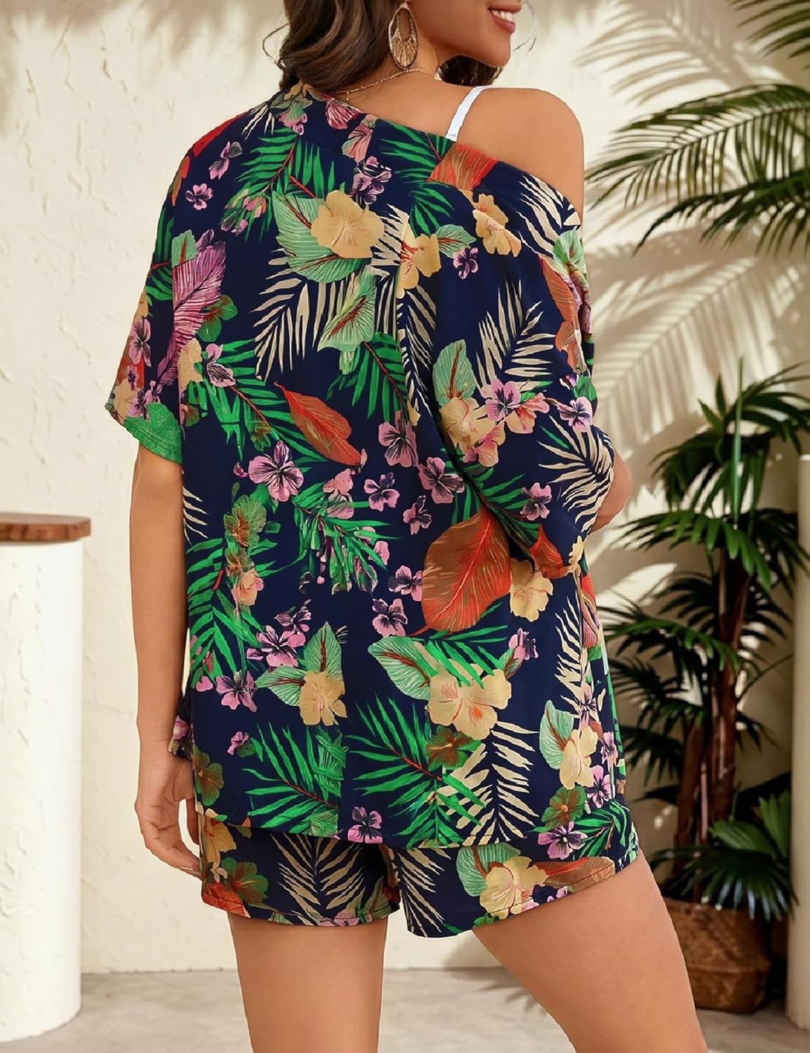 image:imageSWOMOG Hawaiian Tropical Print Womens 2 Piece Swimsuit Cover Up Set Loose Short Sleeve Top amp Shorts for Summer Beach SXXLNavy Tropic Flower