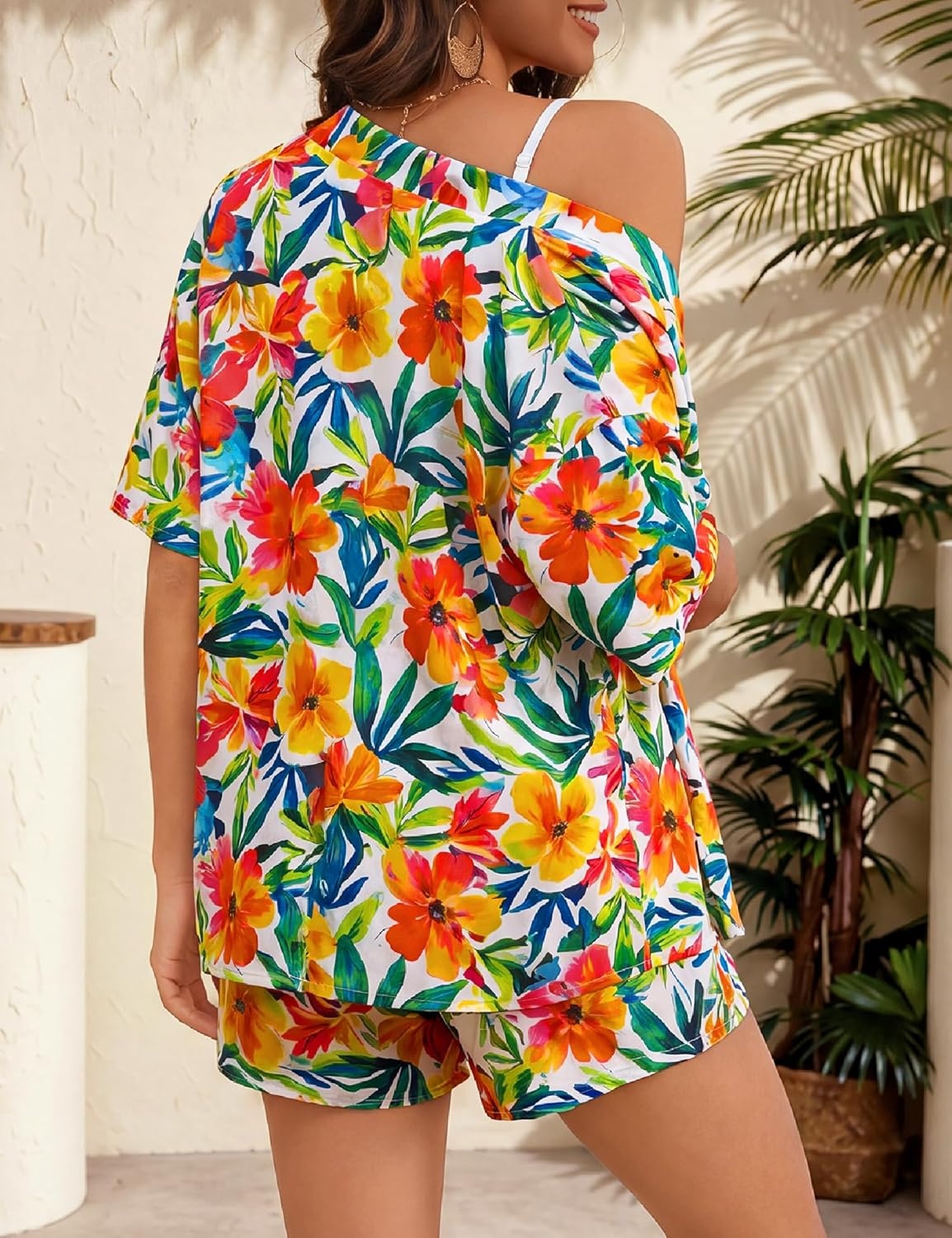 image:imageSWOMOG Hawaiian Tropical Print Womens 2 Piece Swimsuit Cover Up Set Loose Short Sleeve Top amp Shorts for Summer Beach SXXLWhite Red Floral