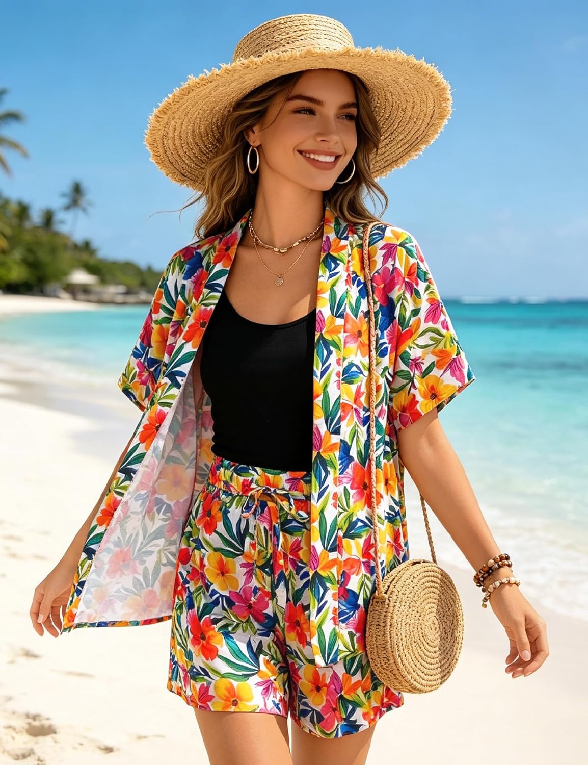 image:imageSWOMOG Hawaiian Tropical Print Womens 2 Piece Swimsuit Cover Up Set Loose Short Sleeve Top amp Shorts for Summer Beach SXXLWhite Red Floral