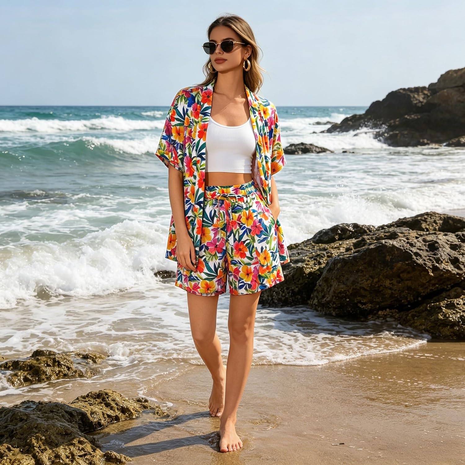 image:imageSWOMOG Hawaiian Tropical Print Womens 2 Piece Swimsuit Cover Up Set Loose Short Sleeve Top amp Shorts for Summer Beach SXXLWhite Red Floral