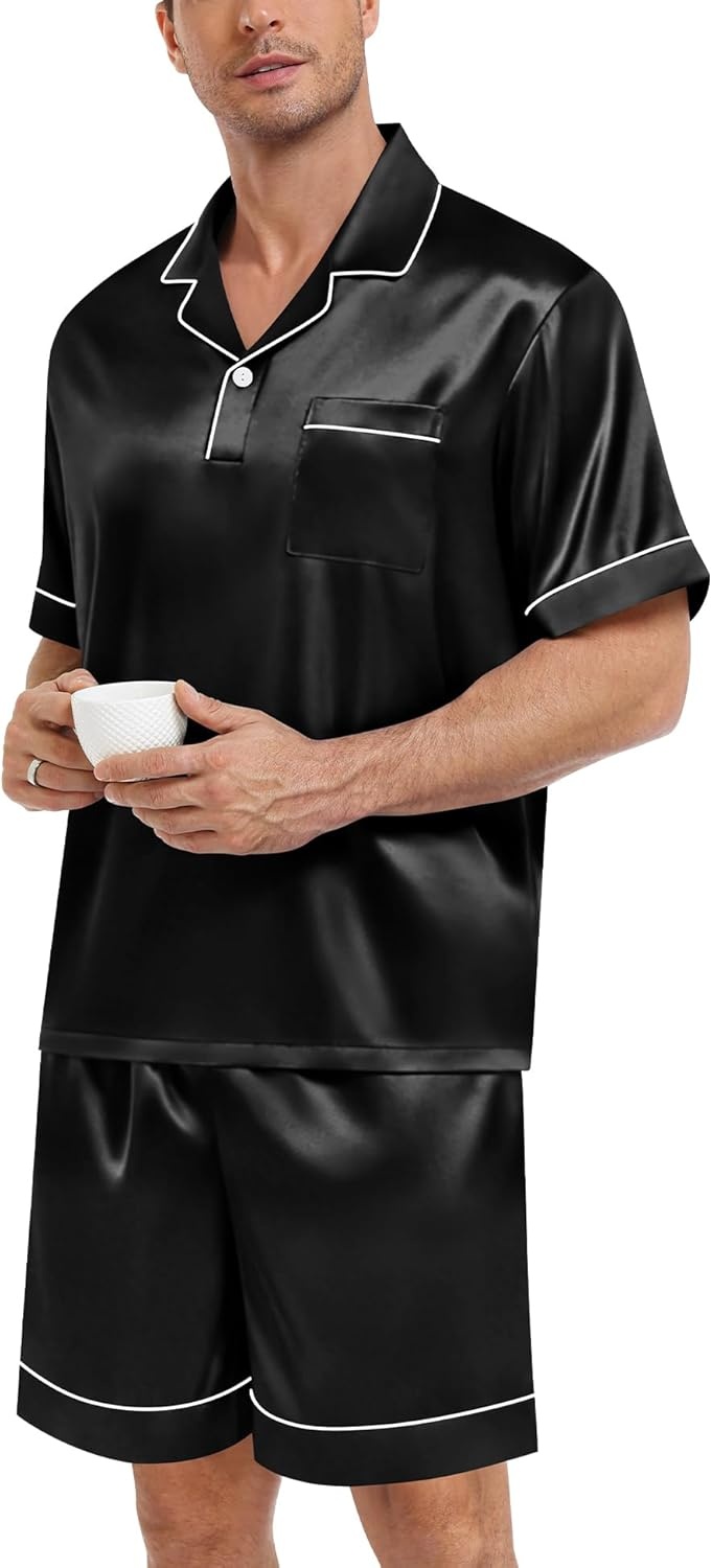 image:imageSWOMOG Mens Silk Satin Pajamas Sets 2 Piece Short Sleeve Loungewear Classic Lapel Soft Sleepwear with PocketsBlack
