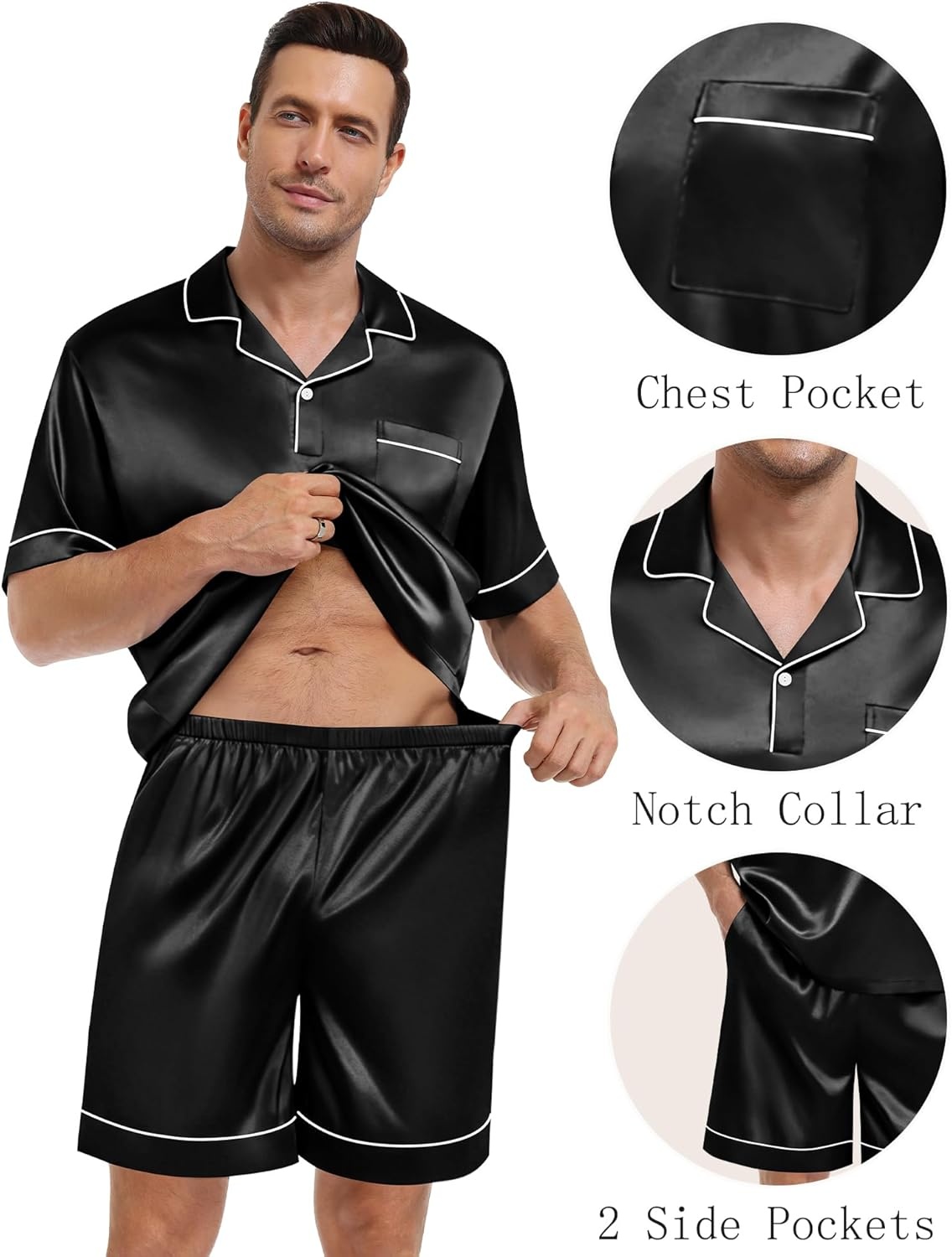 image:imageSWOMOG Mens Silk Satin Pajamas Sets 2 Piece Short Sleeve Loungewear Classic Lapel Soft Sleepwear with PocketsBlack