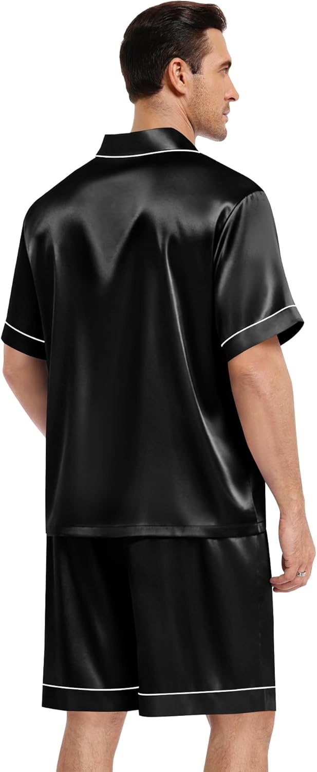 image:imageSWOMOG Mens Silk Satin Pajamas Sets 2 Piece Short Sleeve Loungewear Classic Lapel Soft Sleepwear with PocketsBlack