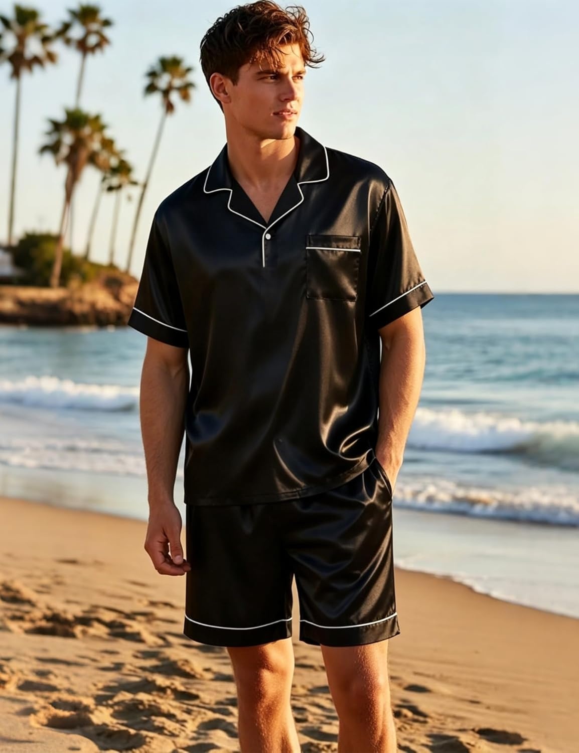 image:imageSWOMOG Mens Silk Satin Pajamas Sets 2 Piece Short Sleeve Loungewear Classic Lapel Soft Sleepwear with PocketsBlack