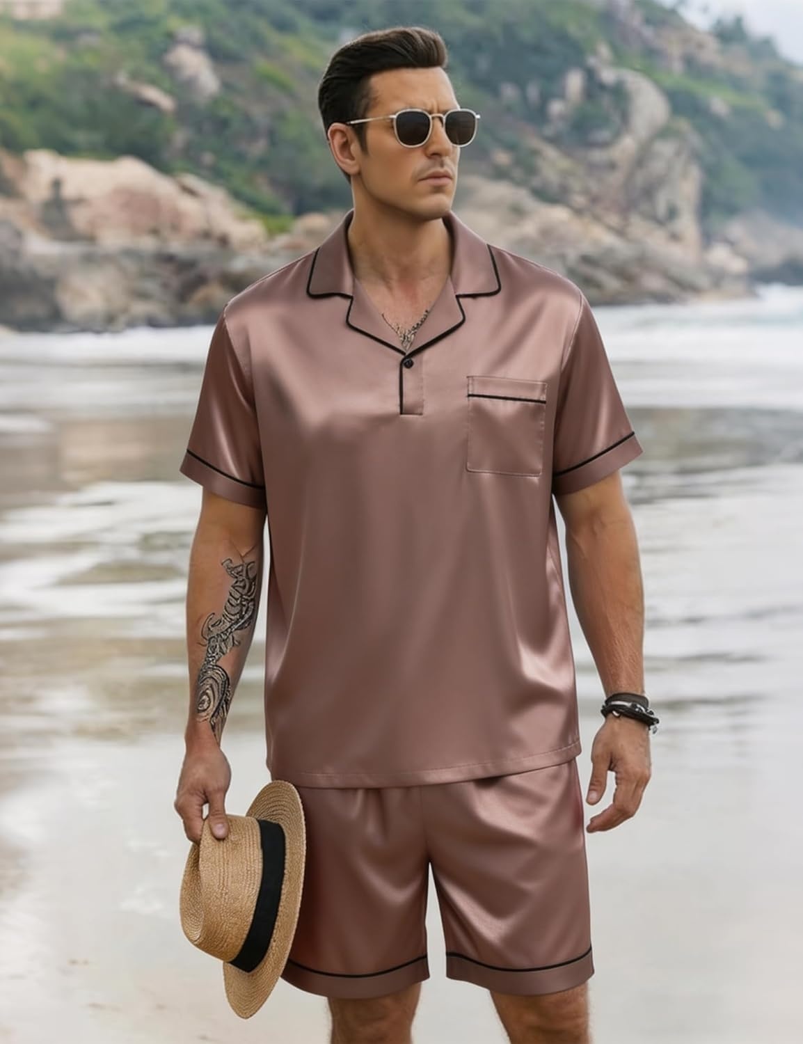 image:imageSWOMOG Mens Silk Satin Pajamas Sets 2 Piece Short Sleeve Loungewear Classic Lapel Soft Sleepwear with PocketsBrown