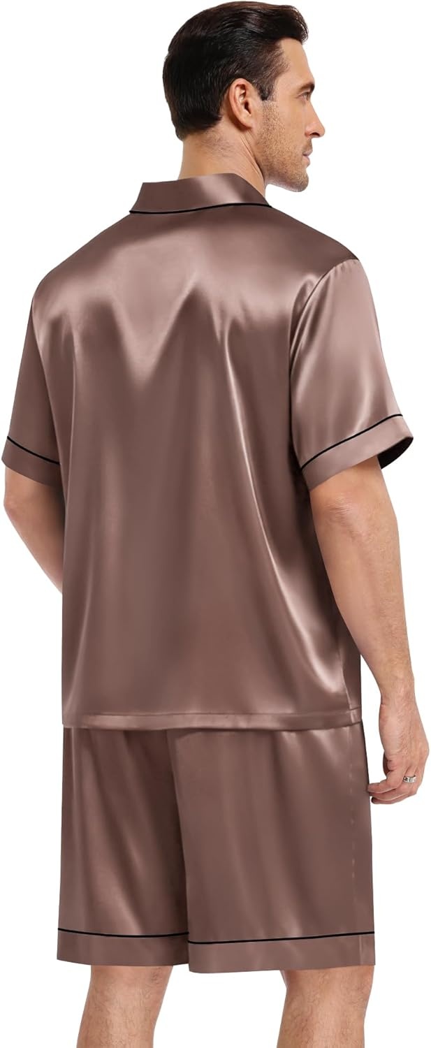 image:imageSWOMOG Mens Silk Satin Pajamas Sets 2 Piece Short Sleeve Loungewear Classic Lapel Soft Sleepwear with PocketsBrown