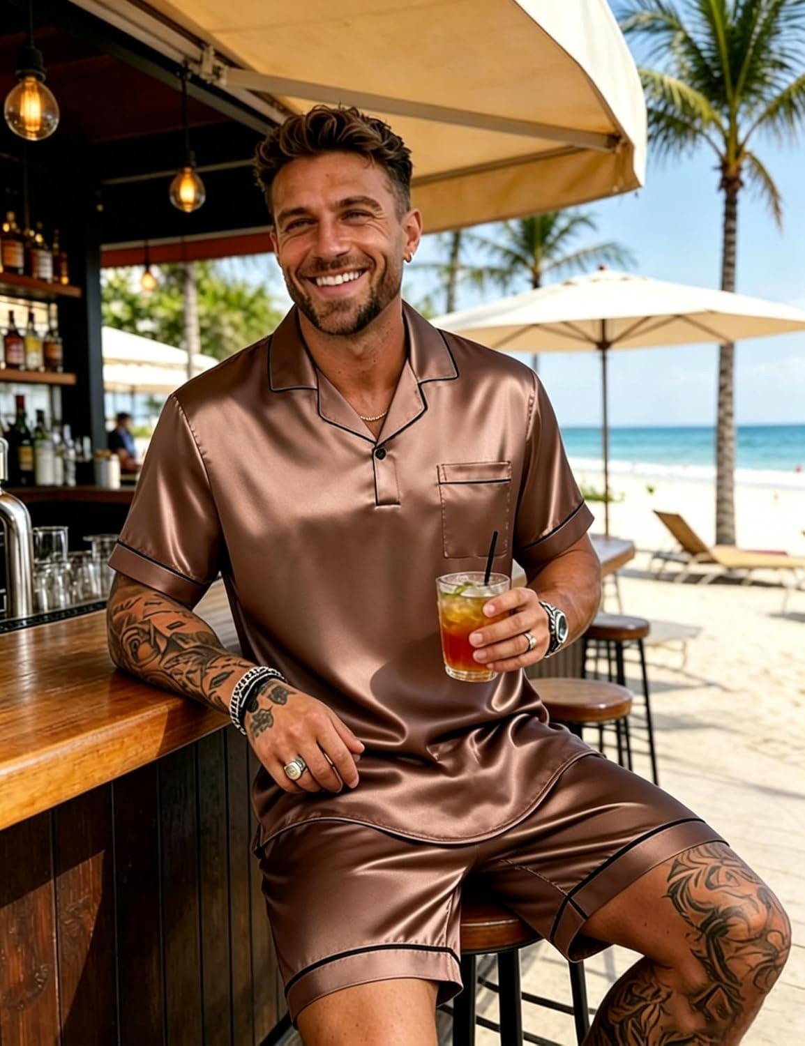 image:imageSWOMOG Mens Silk Satin Pajamas Sets 2 Piece Short Sleeve Loungewear Classic Lapel Soft Sleepwear with PocketsBrown