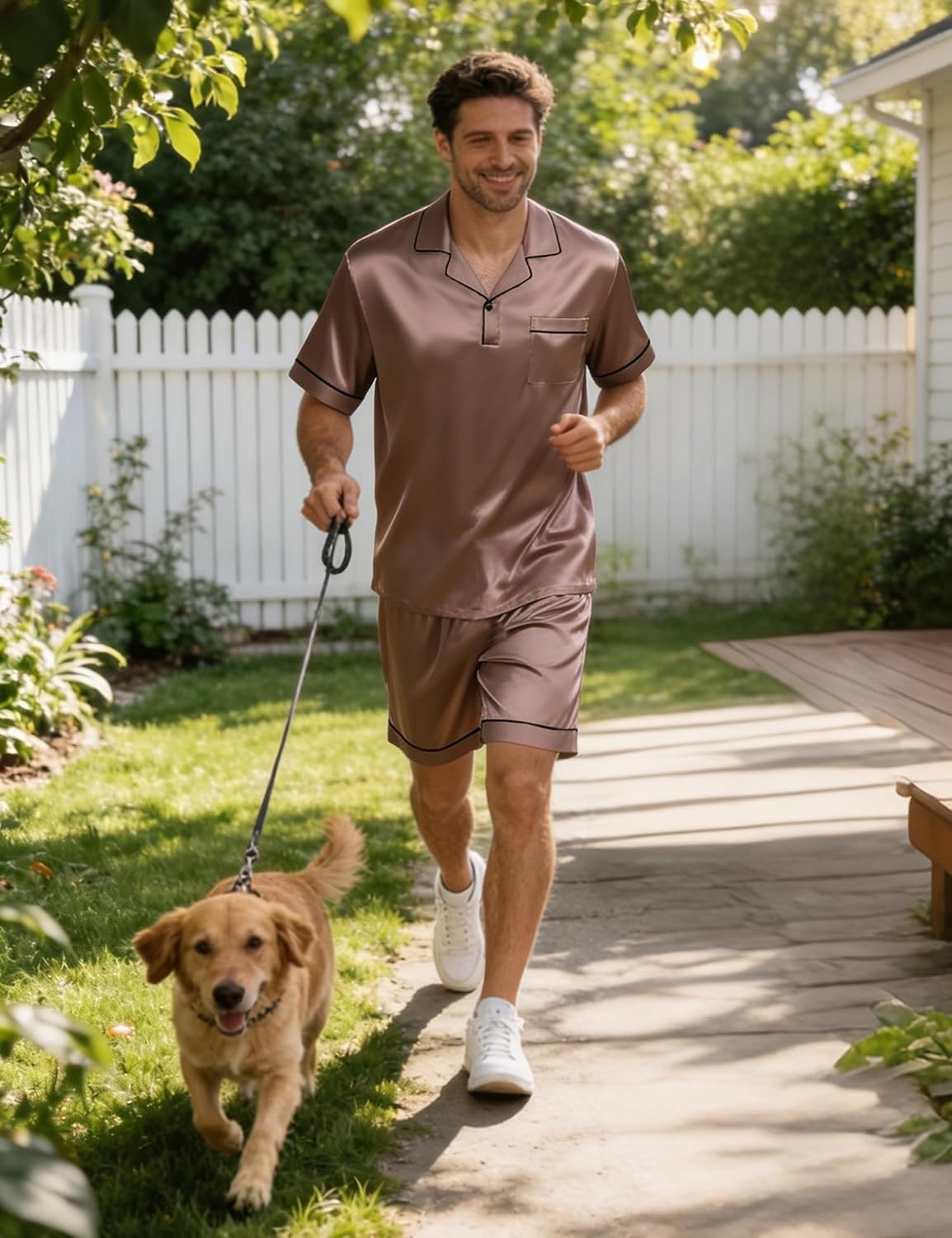 image:imageSWOMOG Mens Silk Satin Pajamas Sets 2 Piece Short Sleeve Loungewear Classic Lapel Soft Sleepwear with PocketsBrown