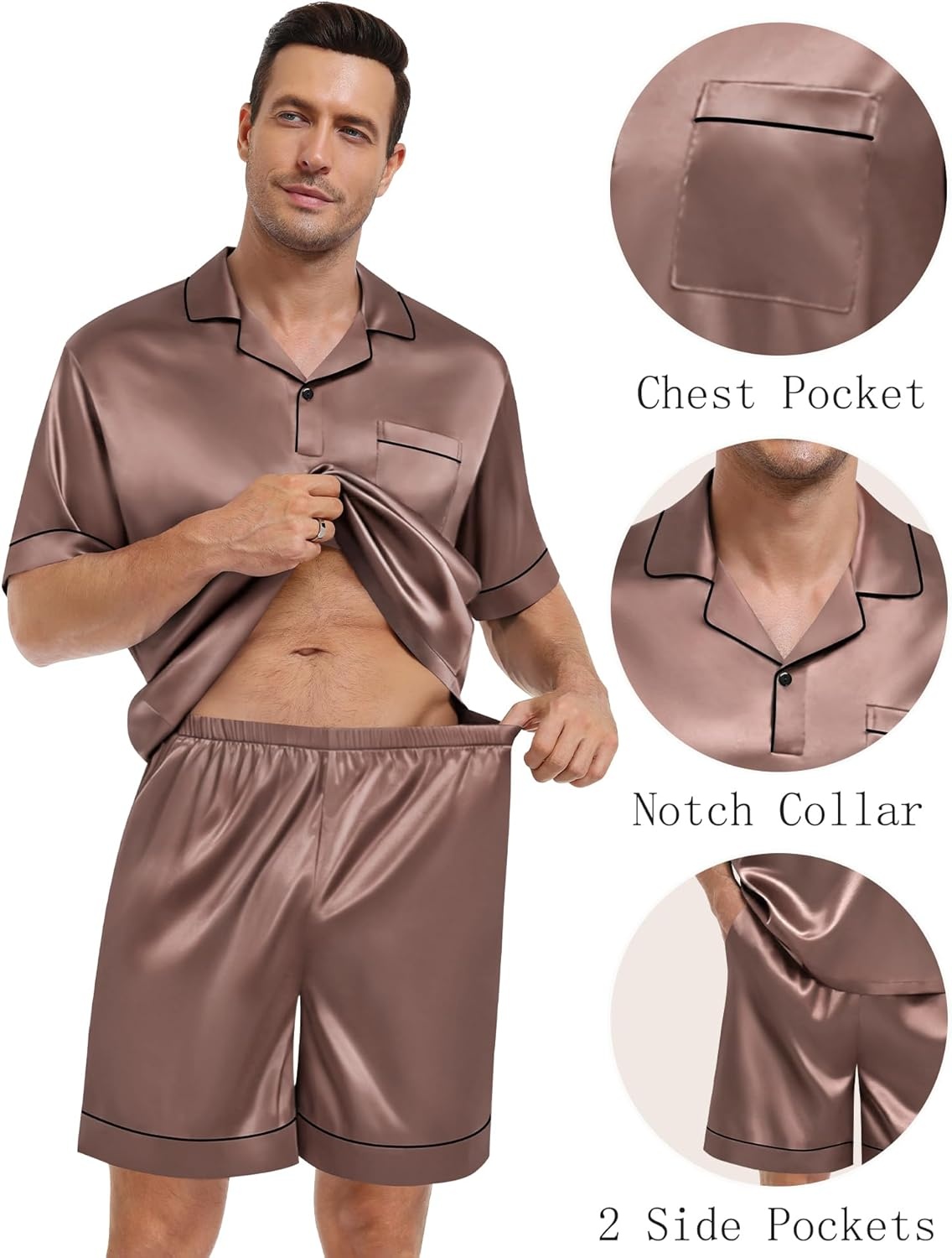 image:imageSWOMOG Mens Silk Satin Pajamas Sets 2 Piece Short Sleeve Loungewear Classic Lapel Soft Sleepwear with PocketsBrown