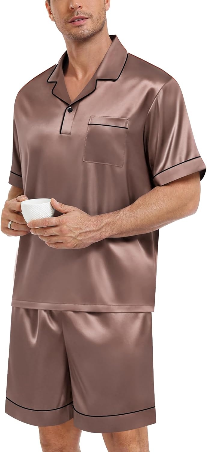 image:imageSWOMOG Mens Silk Satin Pajamas Sets 2 Piece Short Sleeve Loungewear Classic Lapel Soft Sleepwear with PocketsBrown