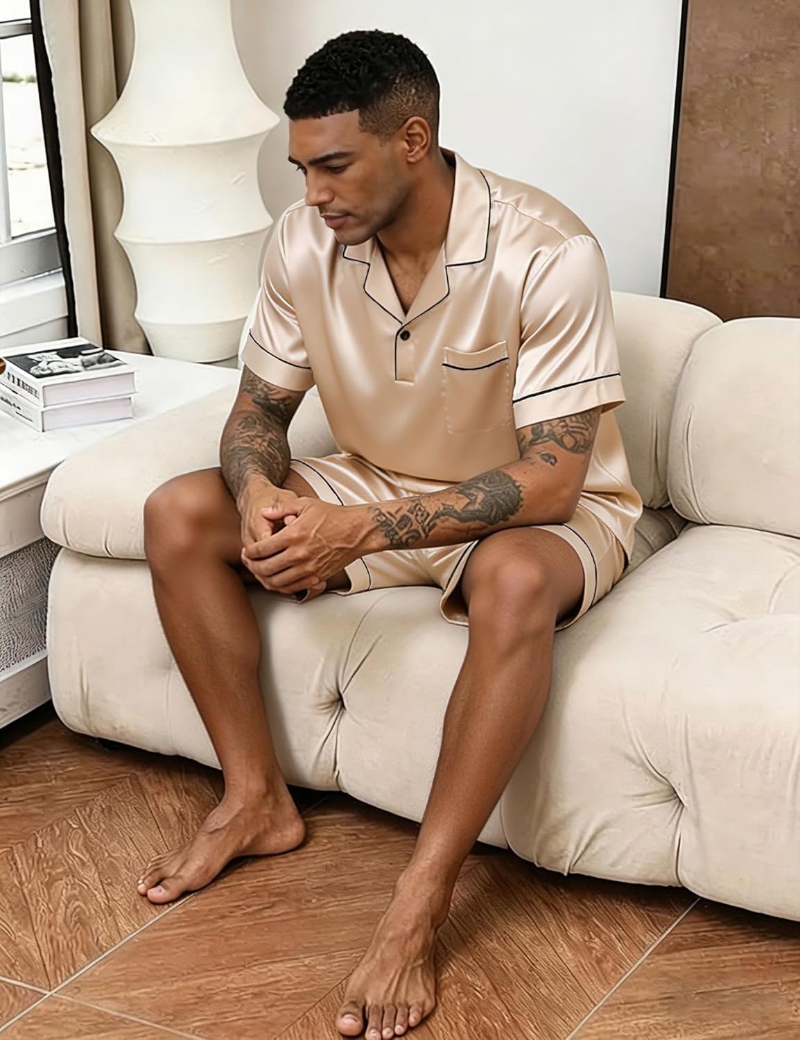 image:imageSWOMOG Mens Silk Satin Pajamas Sets 2 Piece Short Sleeve Loungewear Classic Lapel Soft Sleepwear with PocketsChampagne