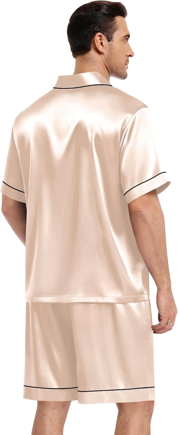 image:imageSWOMOG Mens Silk Satin Pajamas Sets 2 Piece Short Sleeve Loungewear Classic Lapel Soft Sleepwear with PocketsChampagne