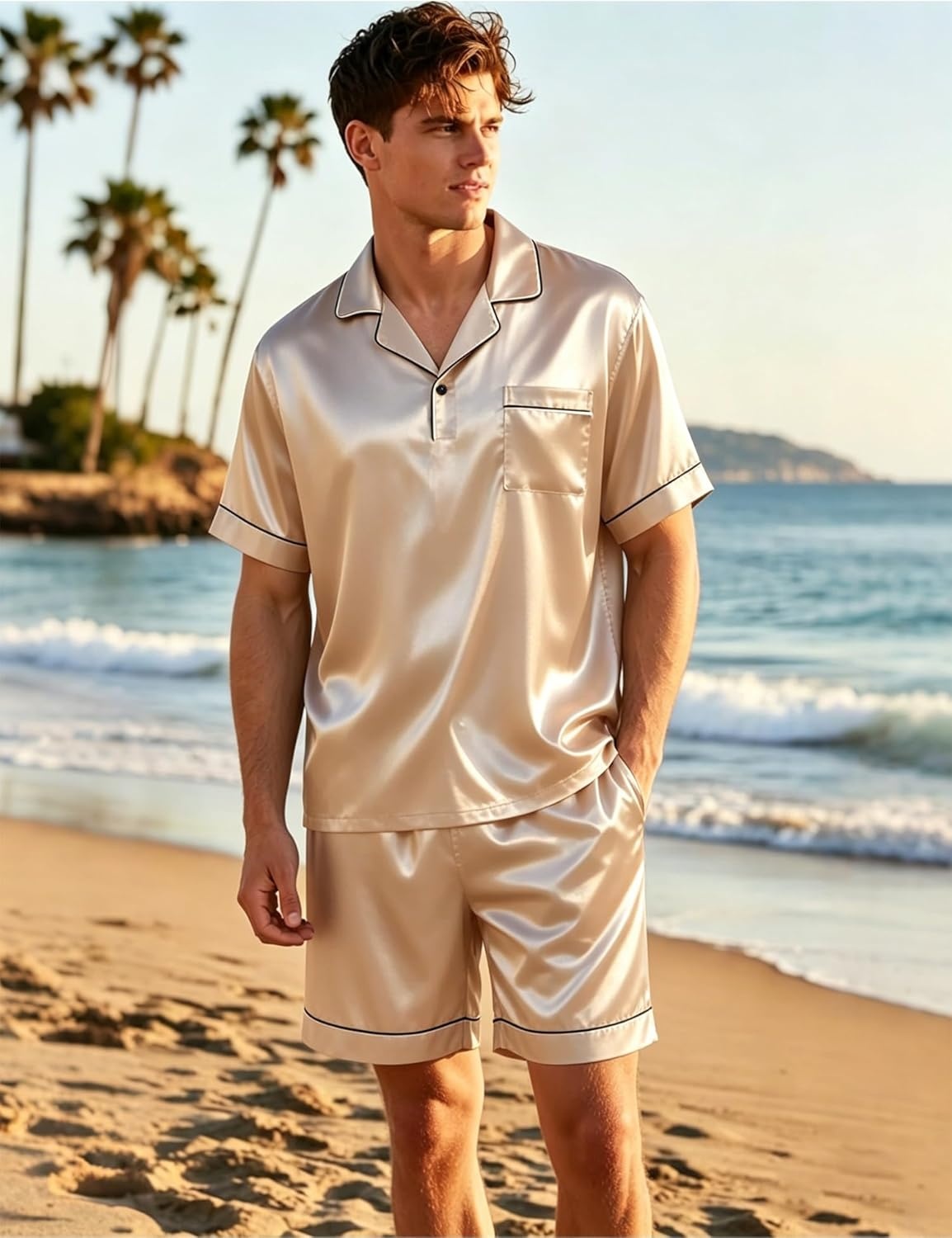 image:imageSWOMOG Mens Silk Satin Pajamas Sets 2 Piece Short Sleeve Loungewear Classic Lapel Soft Sleepwear with PocketsChampagne