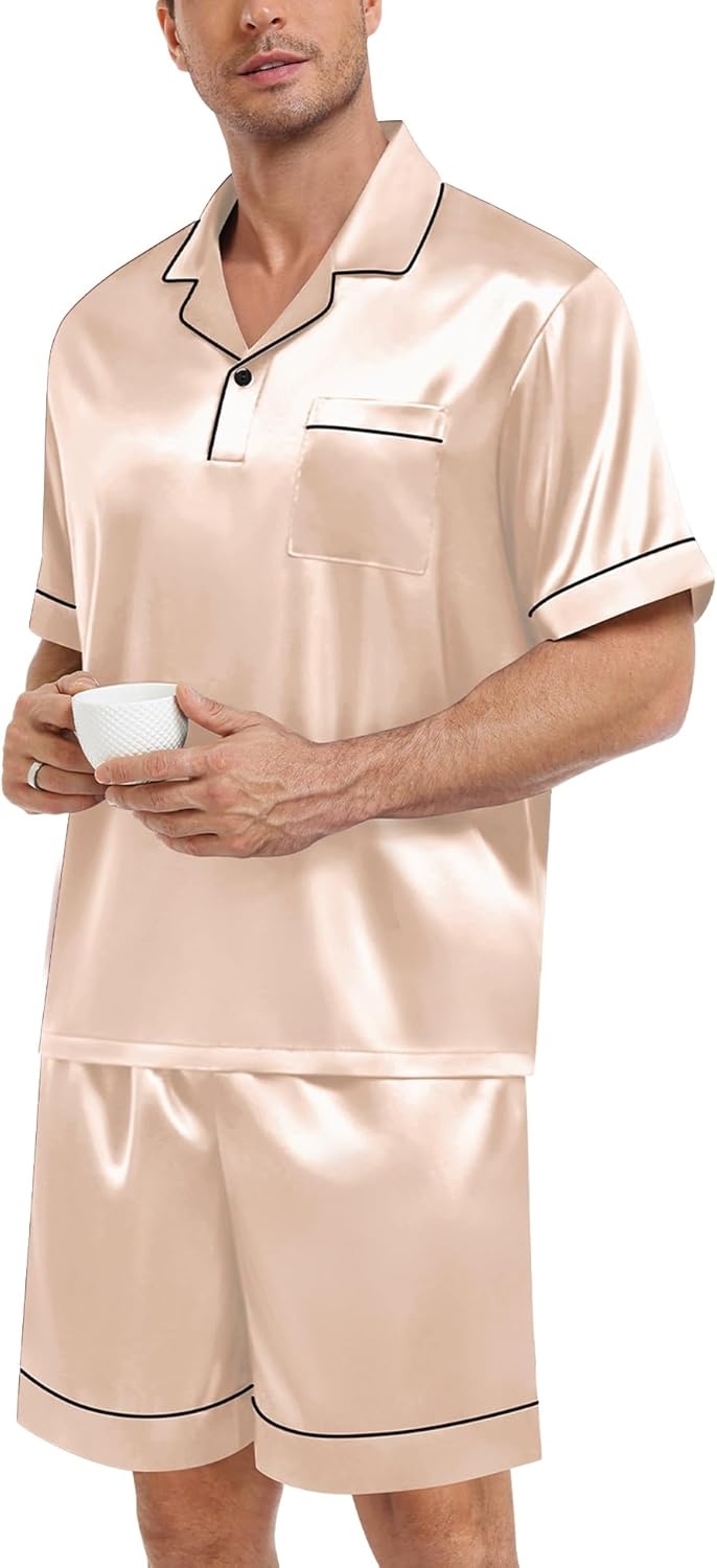 image:imageSWOMOG Mens Silk Satin Pajamas Sets 2 Piece Short Sleeve Loungewear Classic Lapel Soft Sleepwear with PocketsChampagne