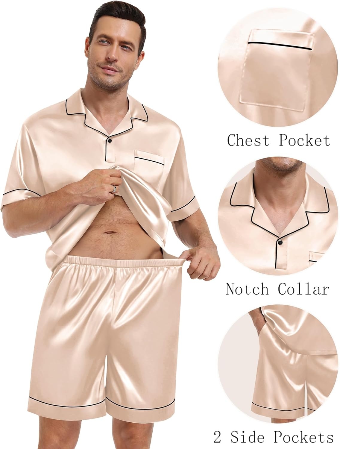 image:imageSWOMOG Mens Silk Satin Pajamas Sets 2 Piece Short Sleeve Loungewear Classic Lapel Soft Sleepwear with PocketsChampagne