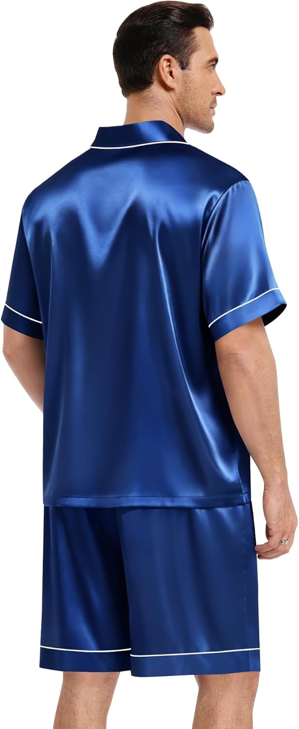 image:imageSWOMOG Mens Silk Satin Pajamas Sets 2 Piece Short Sleeve Loungewear Classic Lapel Soft Sleepwear with PocketsNavy Blue