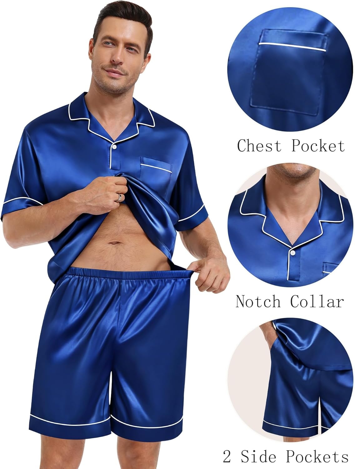 image:imageSWOMOG Mens Silk Satin Pajamas Sets 2 Piece Short Sleeve Loungewear Classic Lapel Soft Sleepwear with PocketsNavy Blue