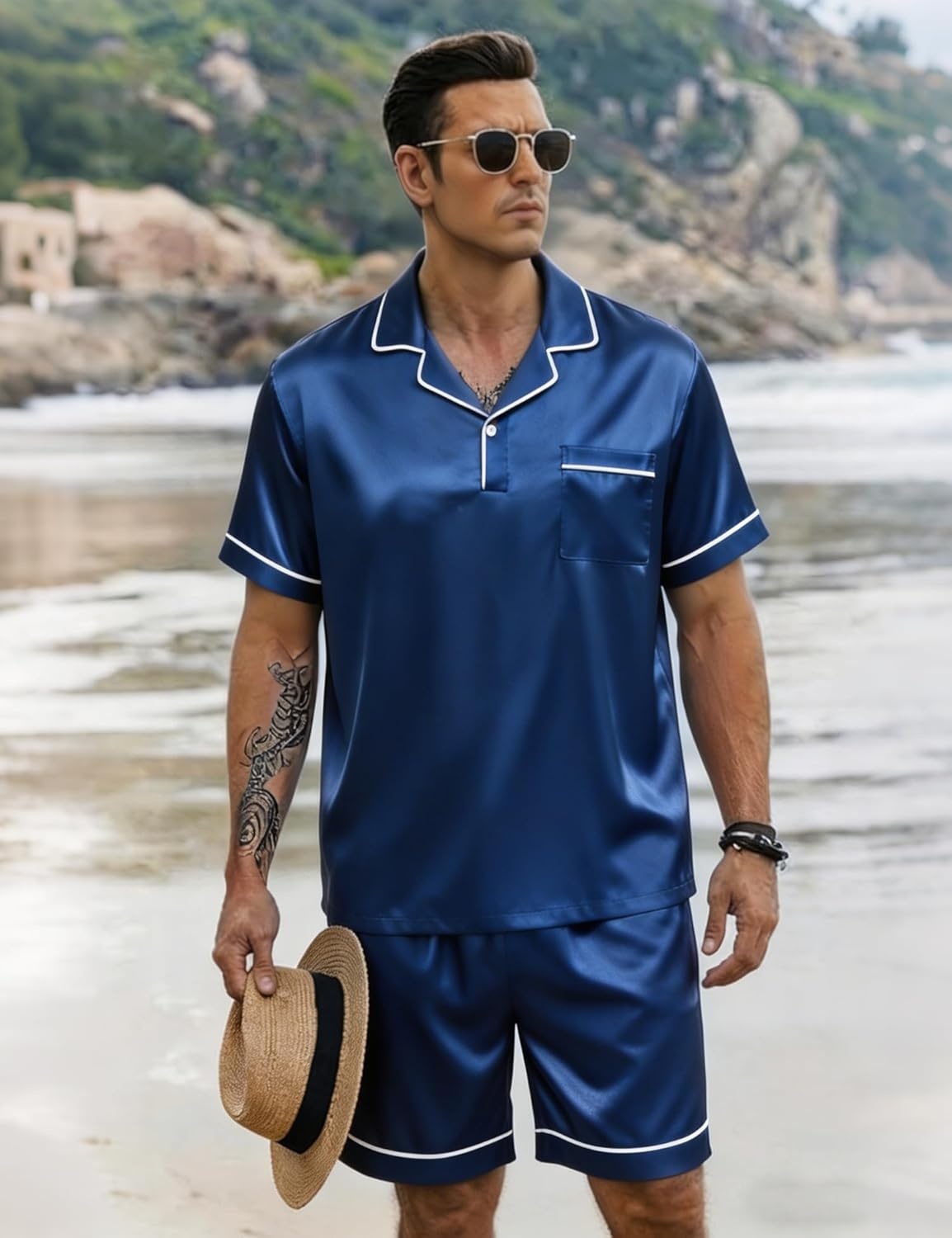 image:imageSWOMOG Mens Silk Satin Pajamas Sets 2 Piece Short Sleeve Loungewear Classic Lapel Soft Sleepwear with PocketsNavy Blue