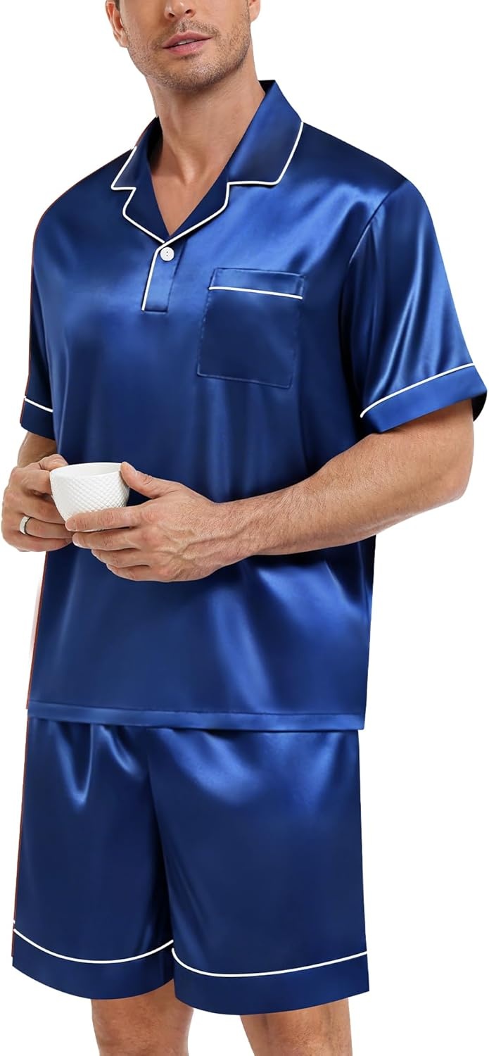 image:imageSWOMOG Mens Silk Satin Pajamas Sets 2 Piece Short Sleeve Loungewear Classic Lapel Soft Sleepwear with PocketsNavy Blue