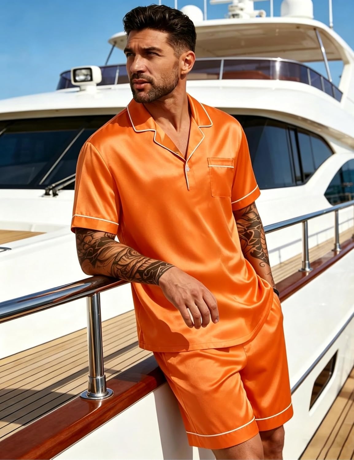 image:imageSWOMOG Mens Silk Satin Pajamas Sets 2 Piece Short Sleeve Loungewear Classic Lapel Soft Sleepwear with PocketsOrange
