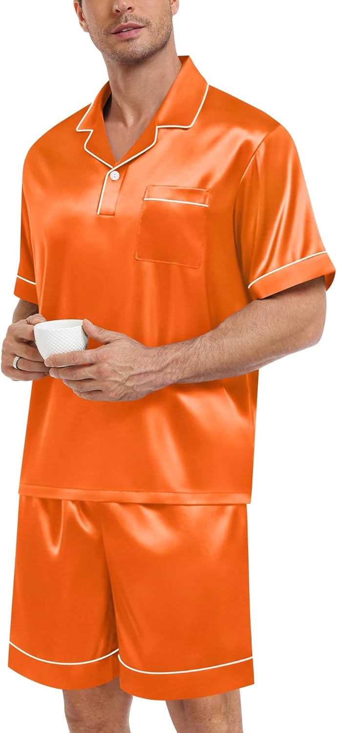 image:imageSWOMOG Mens Silk Satin Pajamas Sets 2 Piece Short Sleeve Loungewear Classic Lapel Soft Sleepwear with PocketsOrange