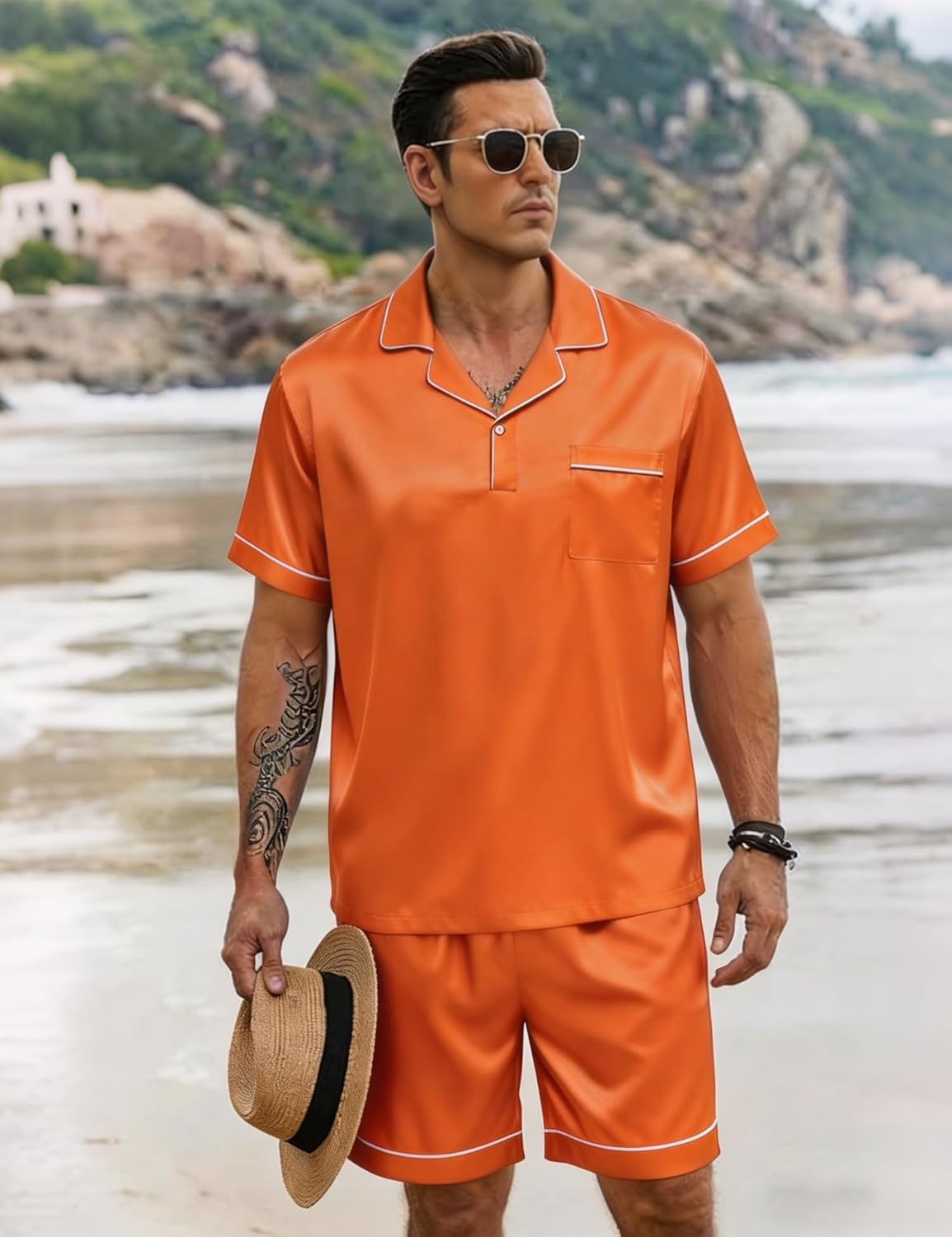 image:imageSWOMOG Mens Silk Satin Pajamas Sets 2 Piece Short Sleeve Loungewear Classic Lapel Soft Sleepwear with PocketsOrange