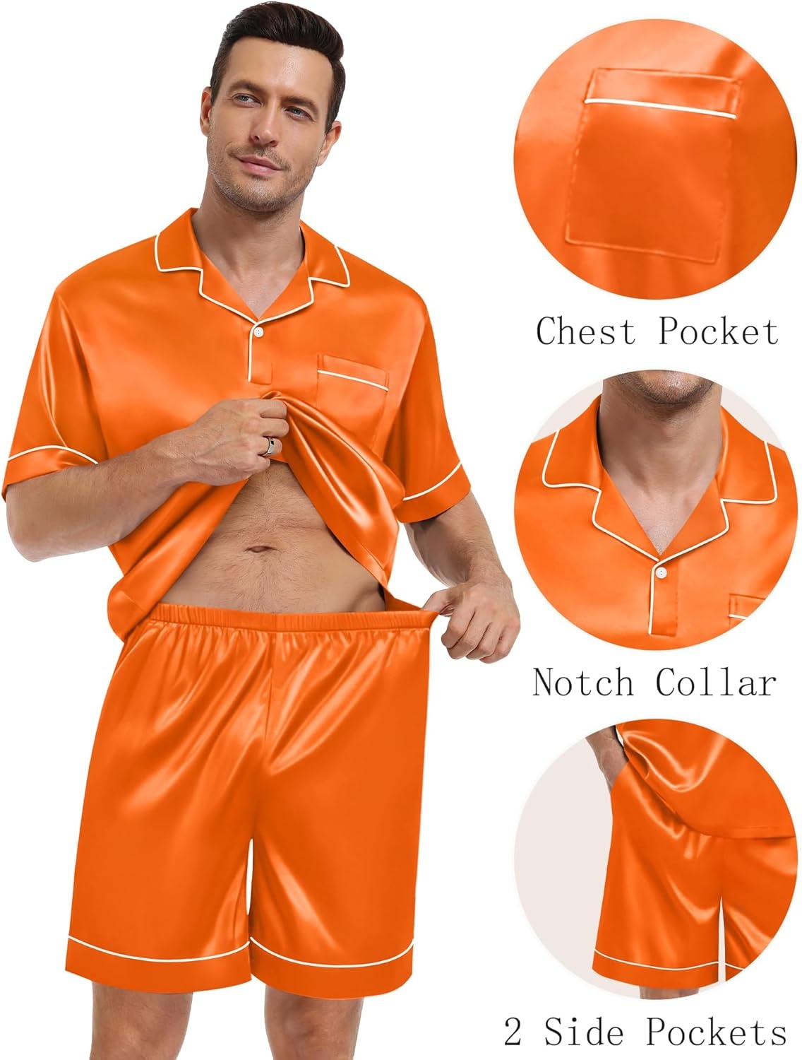 image:imageSWOMOG Mens Silk Satin Pajamas Sets 2 Piece Short Sleeve Loungewear Classic Lapel Soft Sleepwear with PocketsOrange